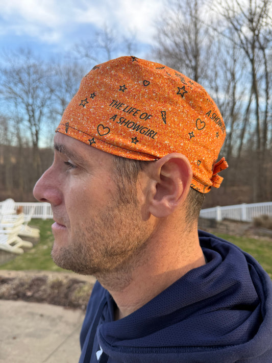 Taylor Swift life of a SHOWGIRL orange glitter print skull scrub cap mens