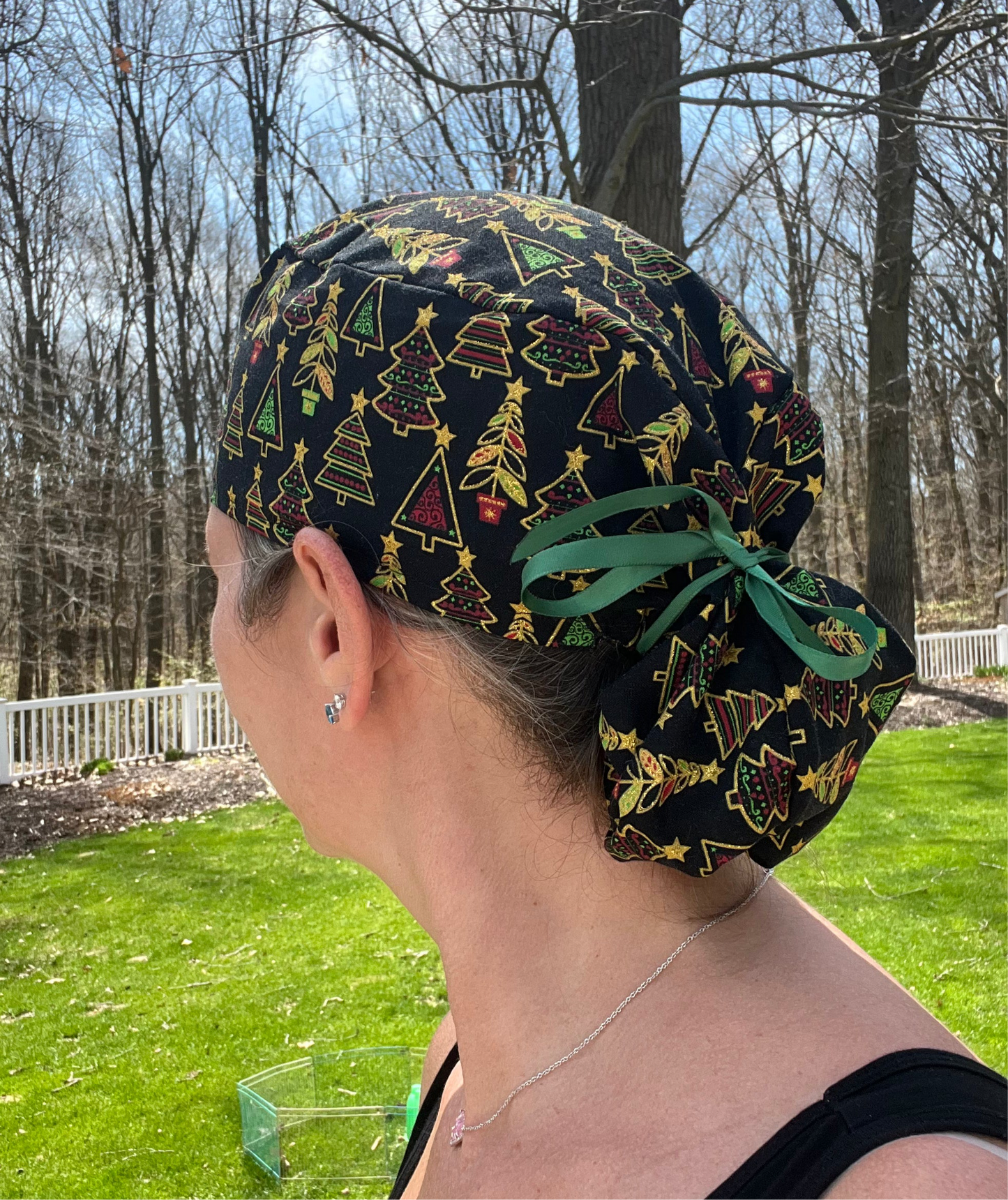 Gold glitter christmas tree ponytail scrub cap womens