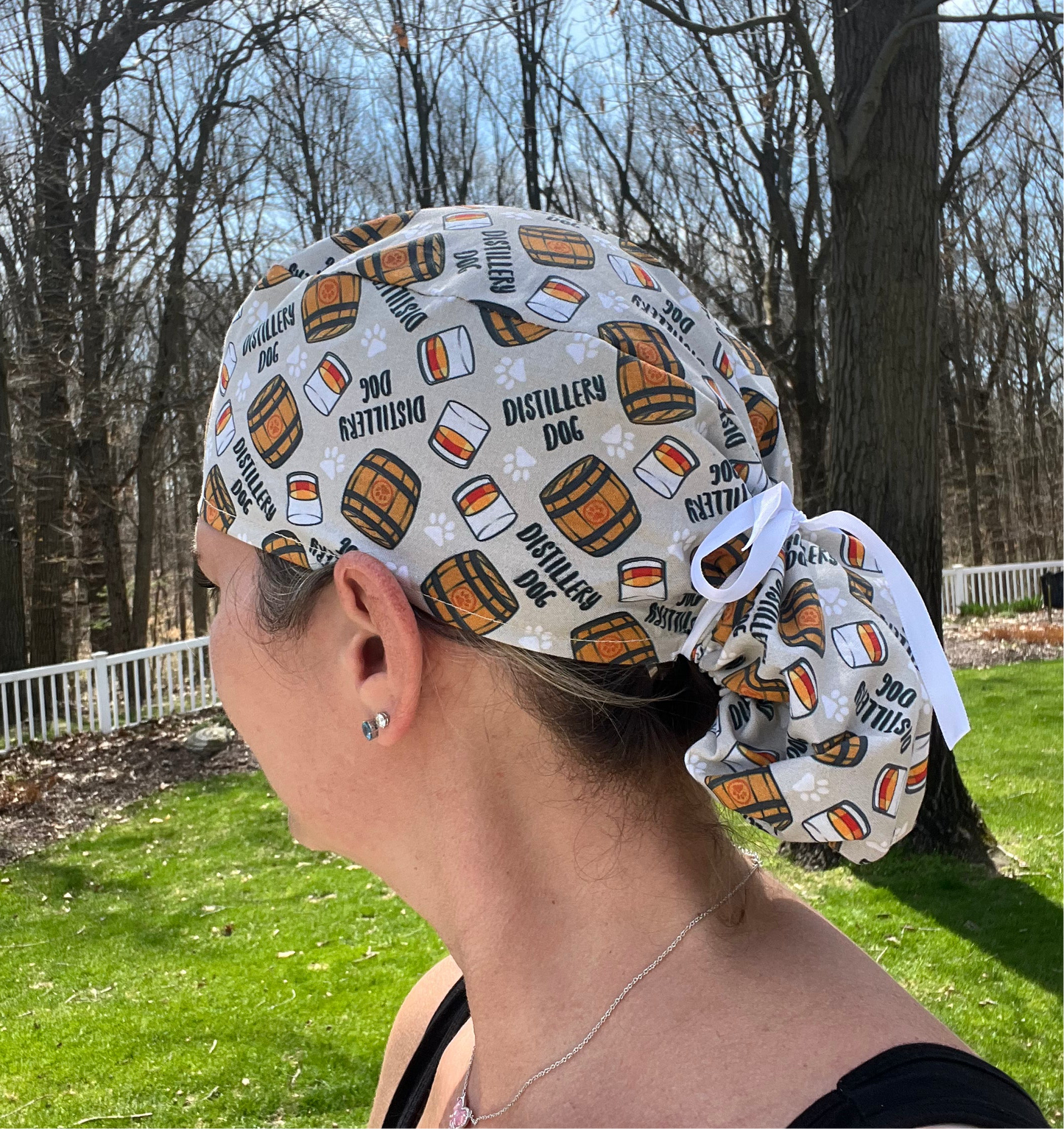 Distillery dog whiskey ponytail scrub cap womens
