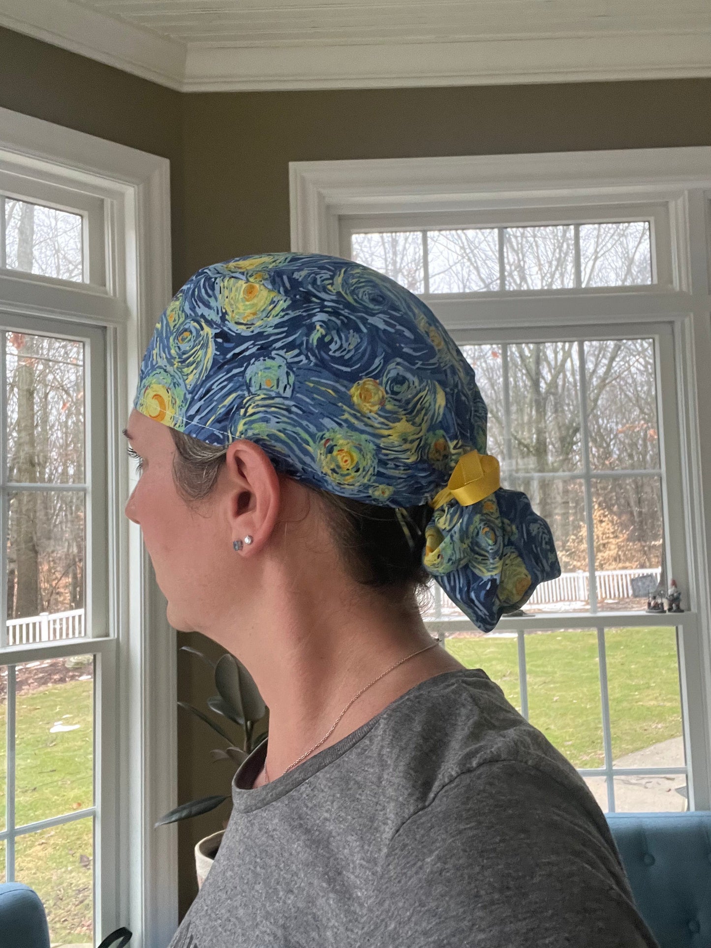 Van gogh starry night blue ponytail scrub cap womens