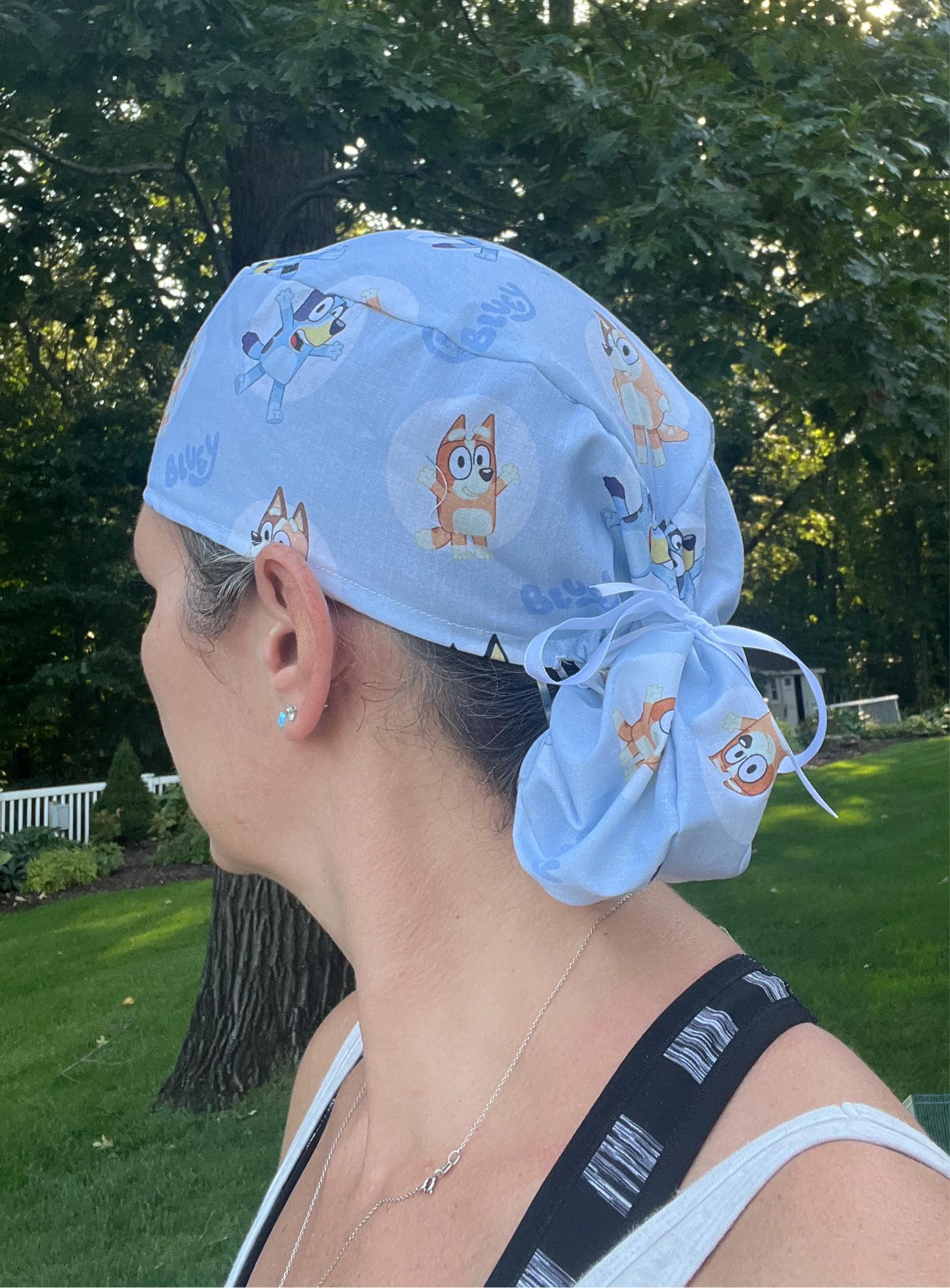 Bluey and Bingo blue cartoon ponytail scrub cap womens
