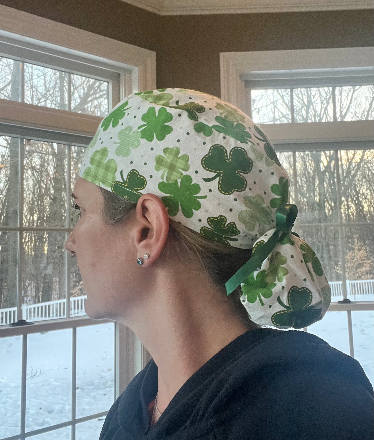 St Patrick's shamrock green irish ponytail scrub cap womens