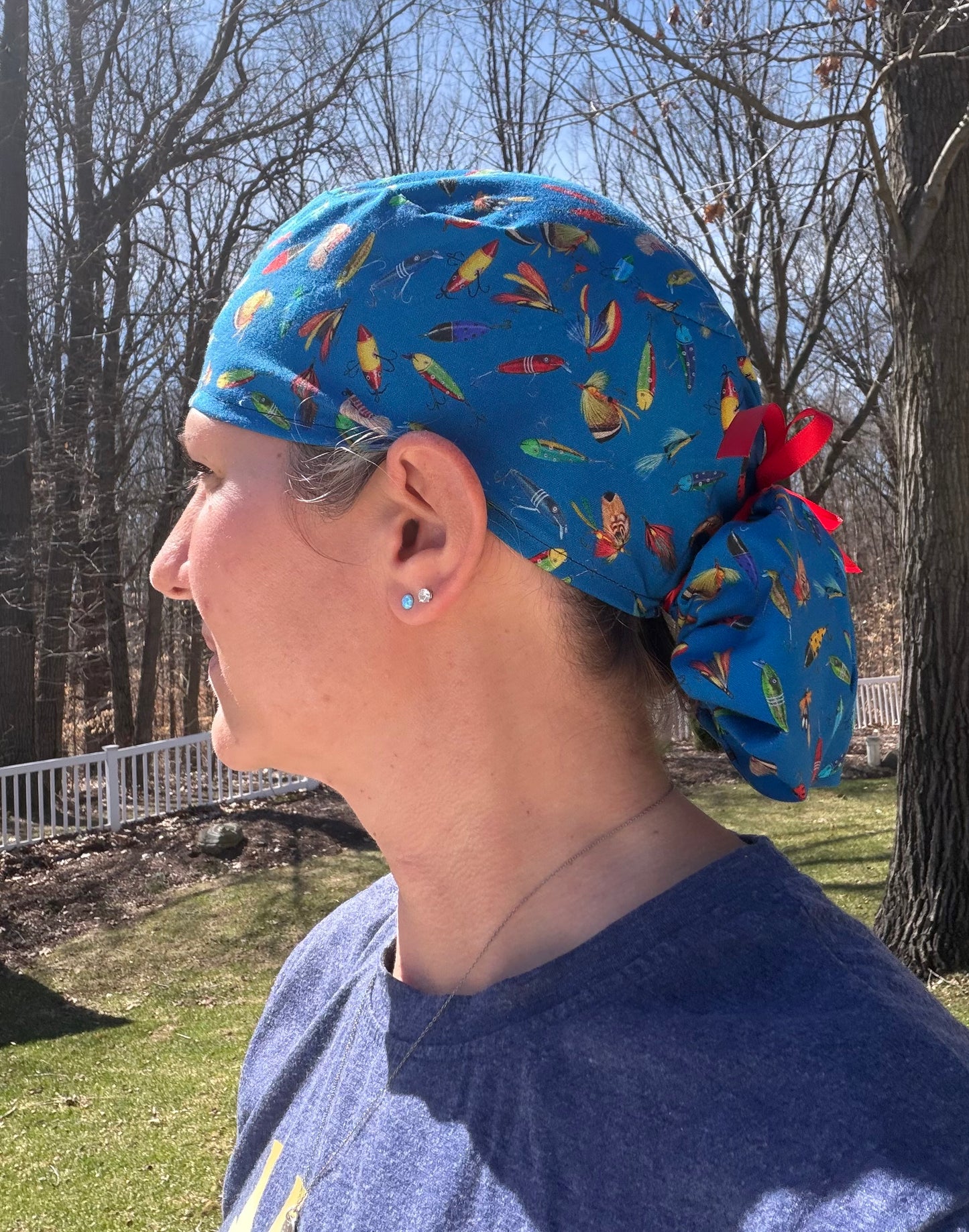 Blue fishing lures fish ponytail scrub cap womens