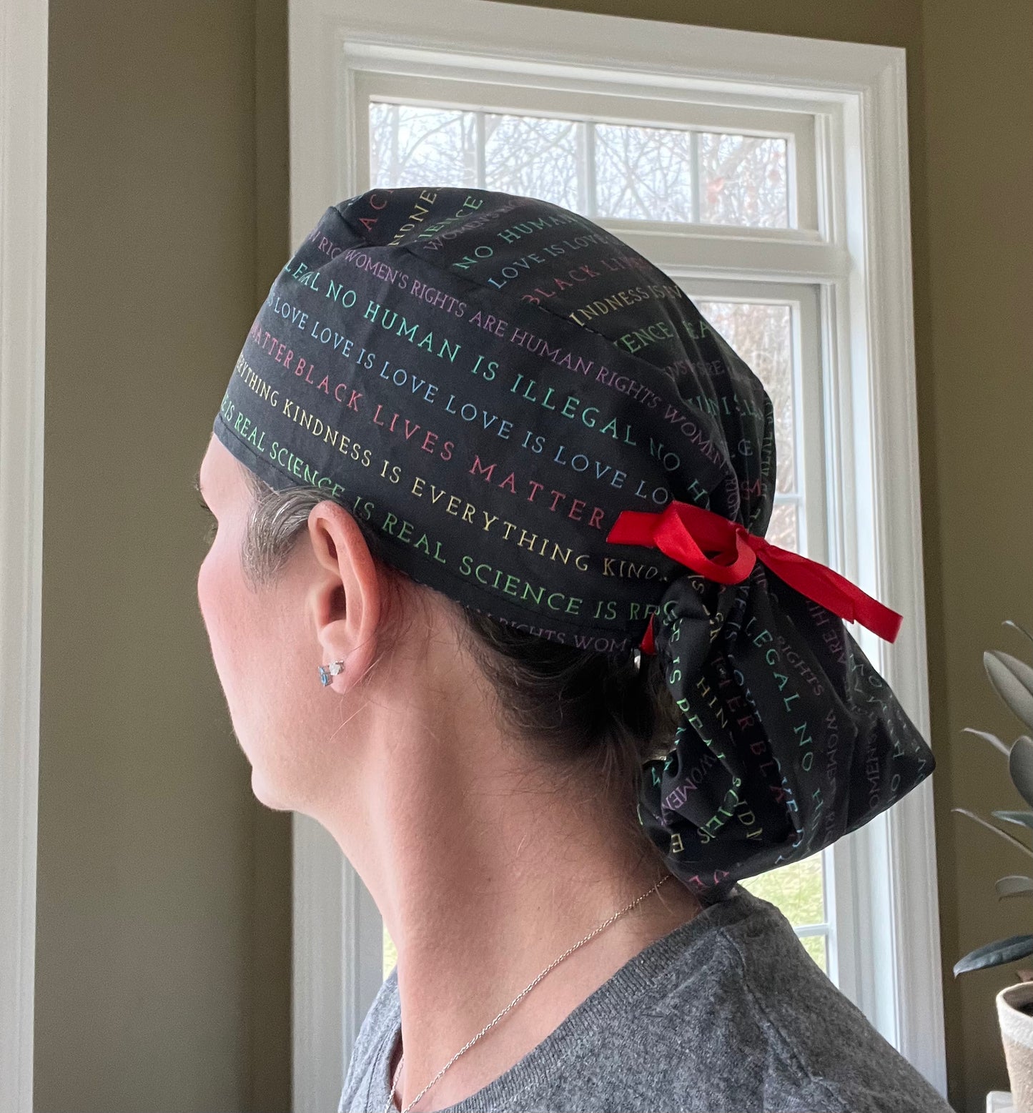 SCIENCE is REAL no human illegal blm love is love rights ponytail scrub cap womens