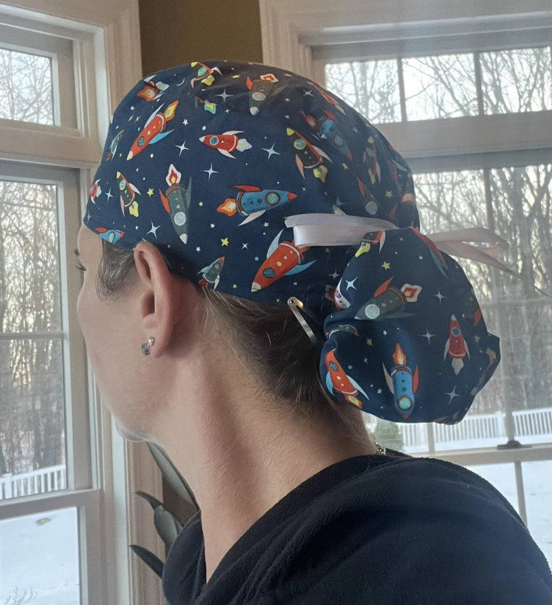Rocket ships space astronaut pony tail ponytail scrub cap womens