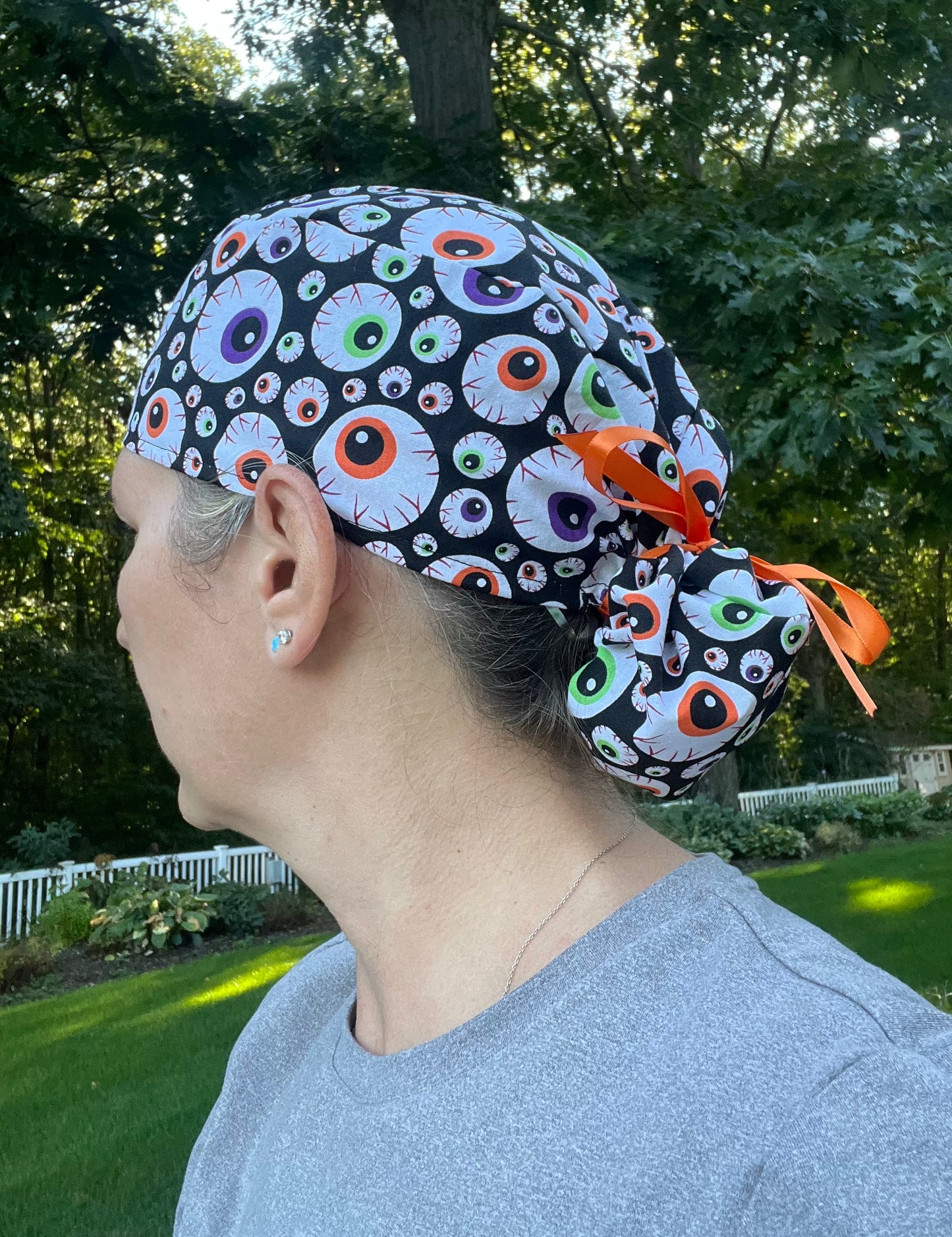 Eyeballs eye ophtho spooky ponytail scrub cap womens