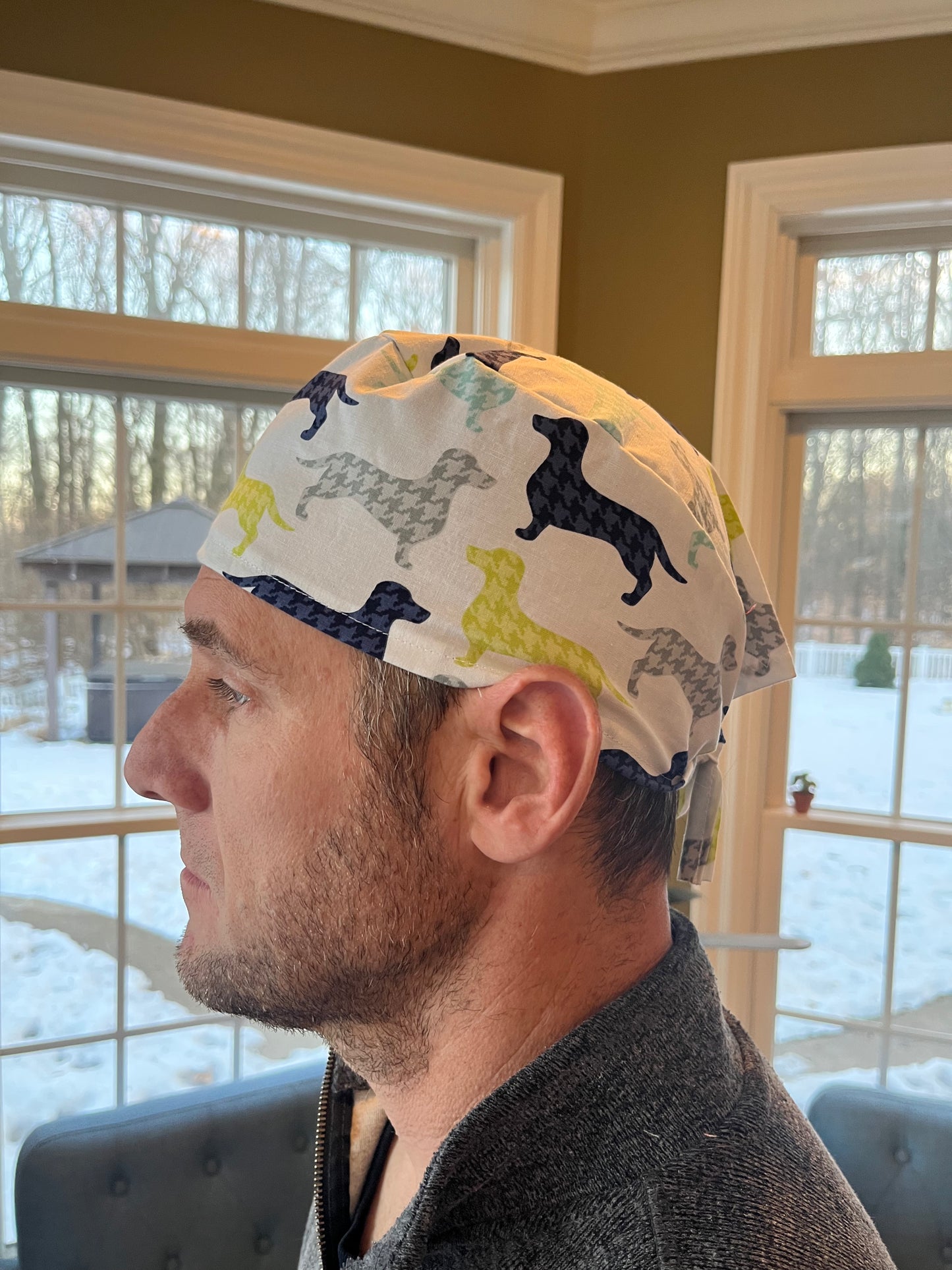 Dachshund weiner dog houndstooth skull scrub cap mens