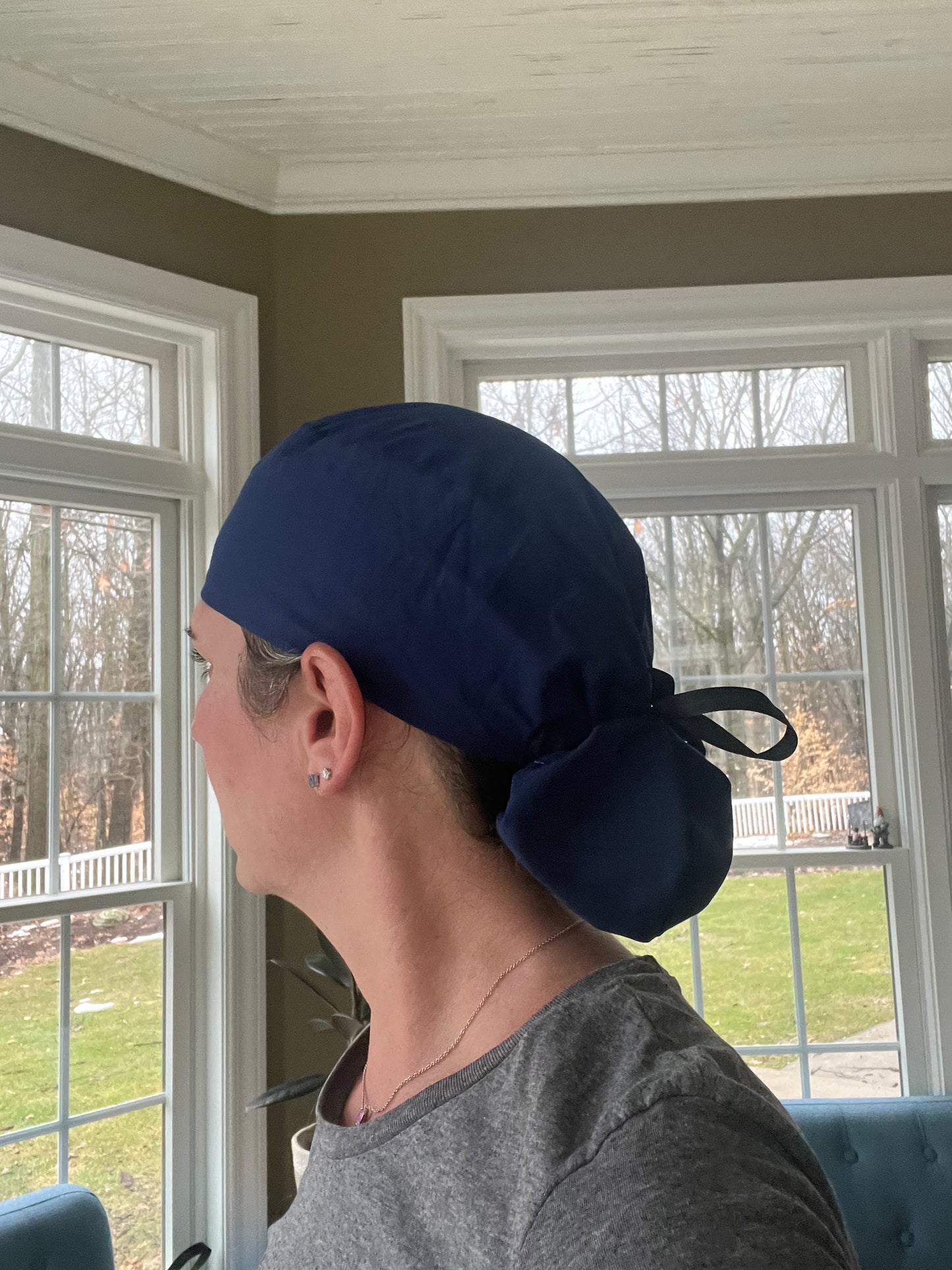 Navy blue solid ponytail scrub cap womens