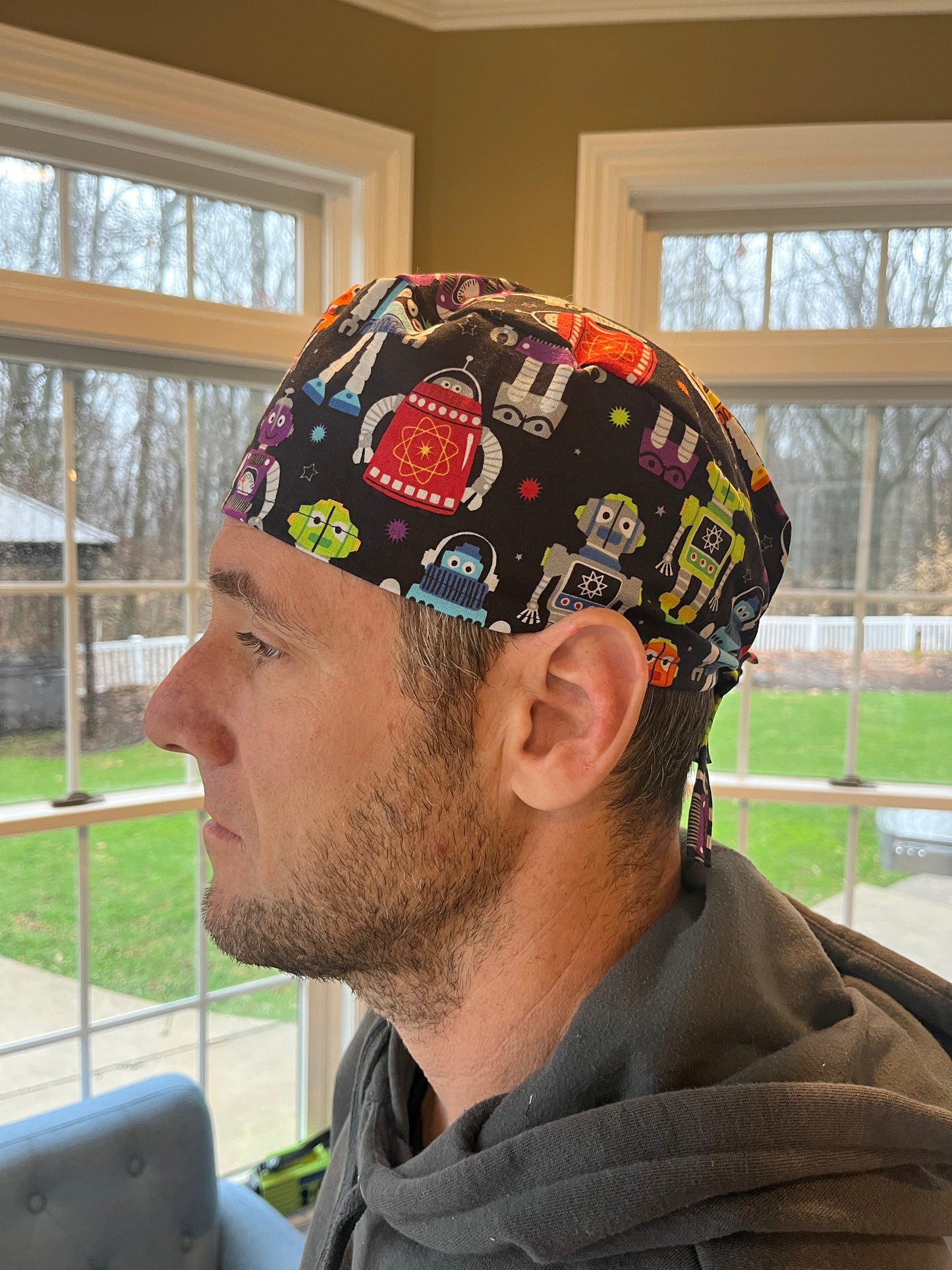 Robot cartoon skull scrub cap mens