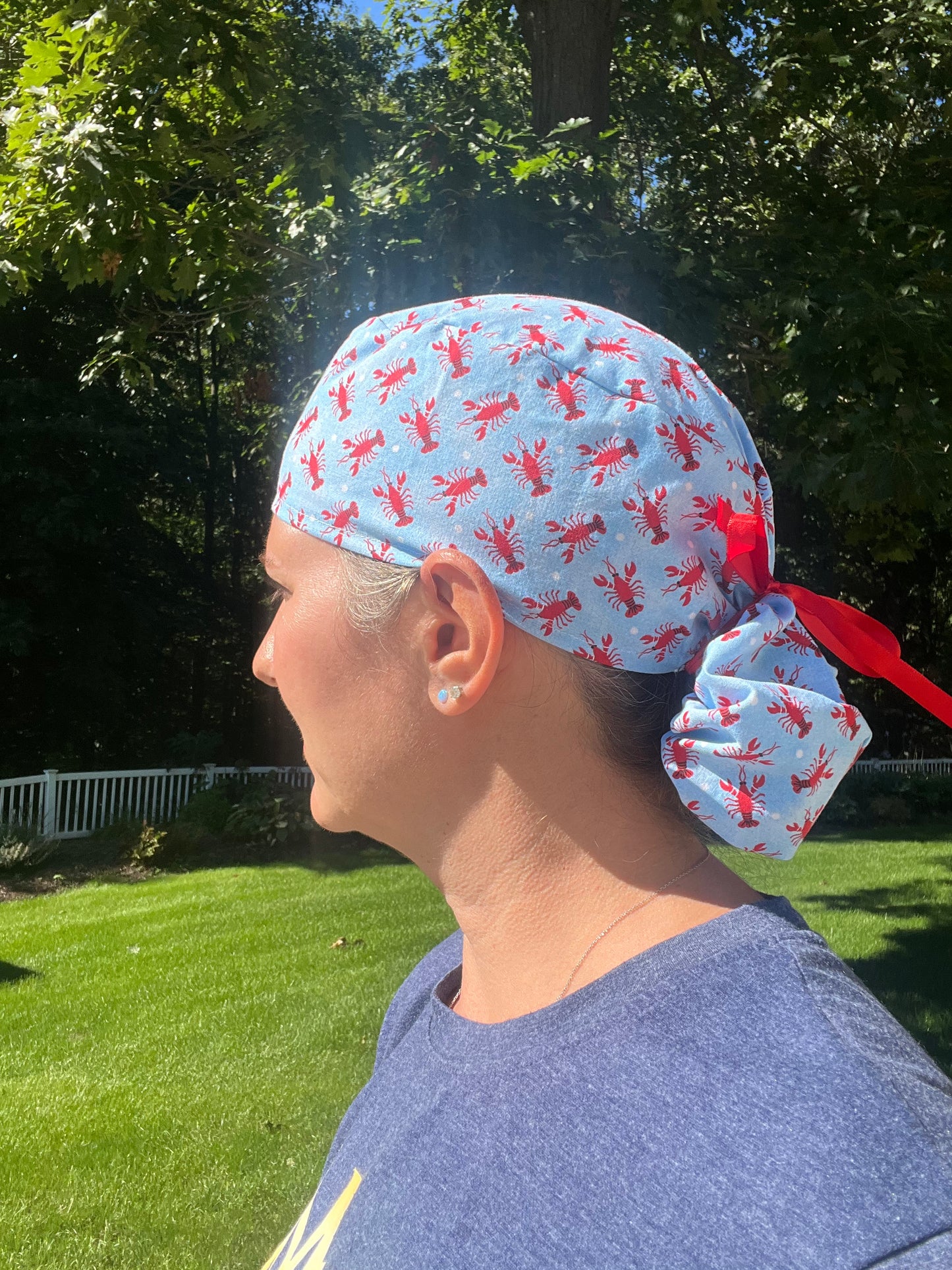 Lobsters blue ponytail scrub cap womens