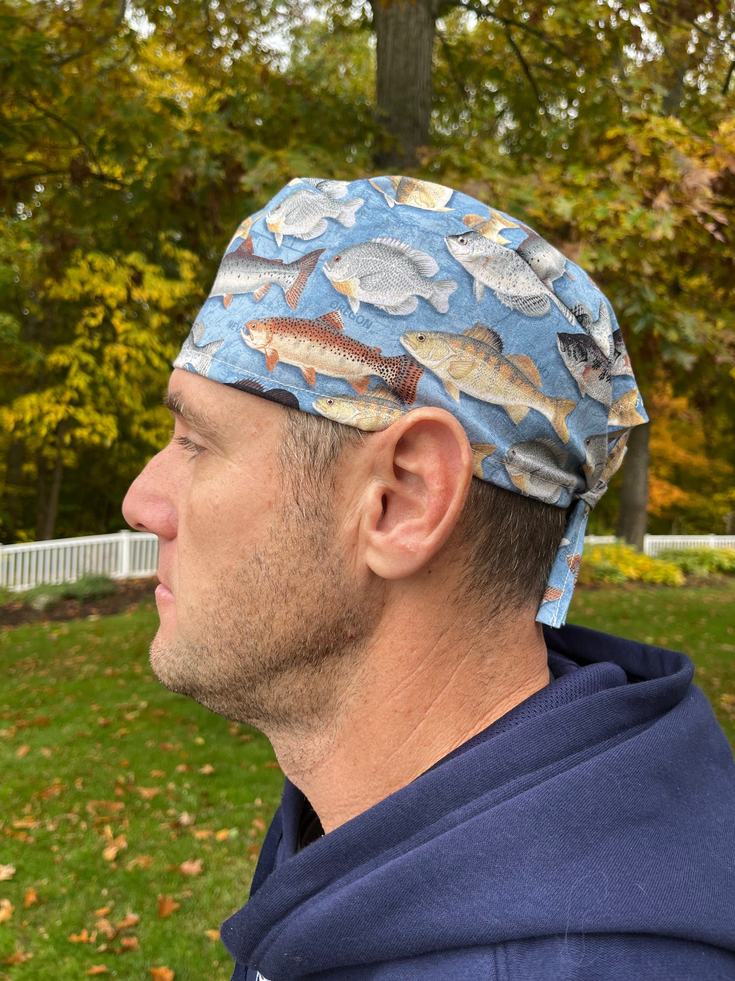 Blue fish fishing skull scrub cap mens