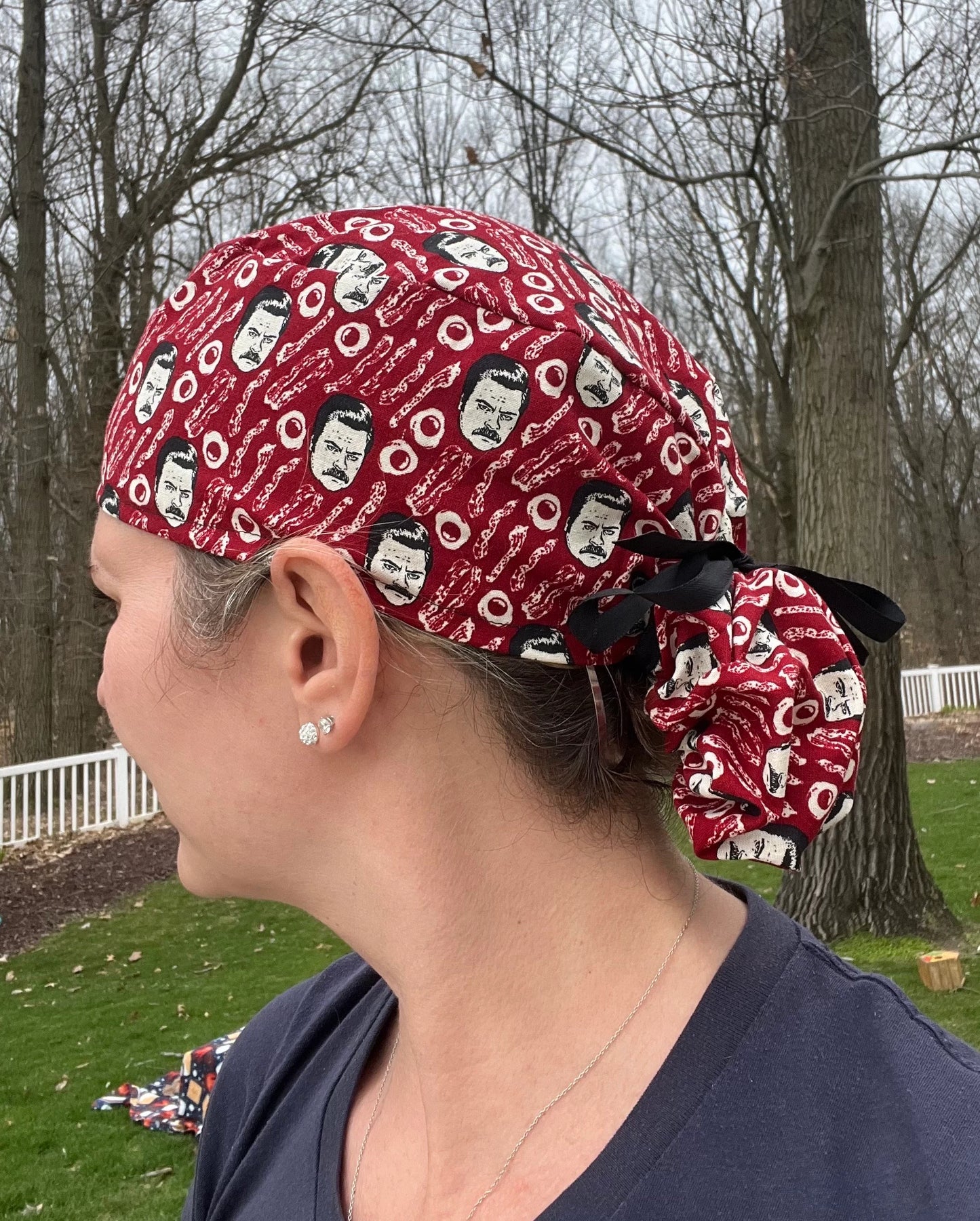 Ron Swanson parks and rec eggs bacon ponytail scrub cap womens