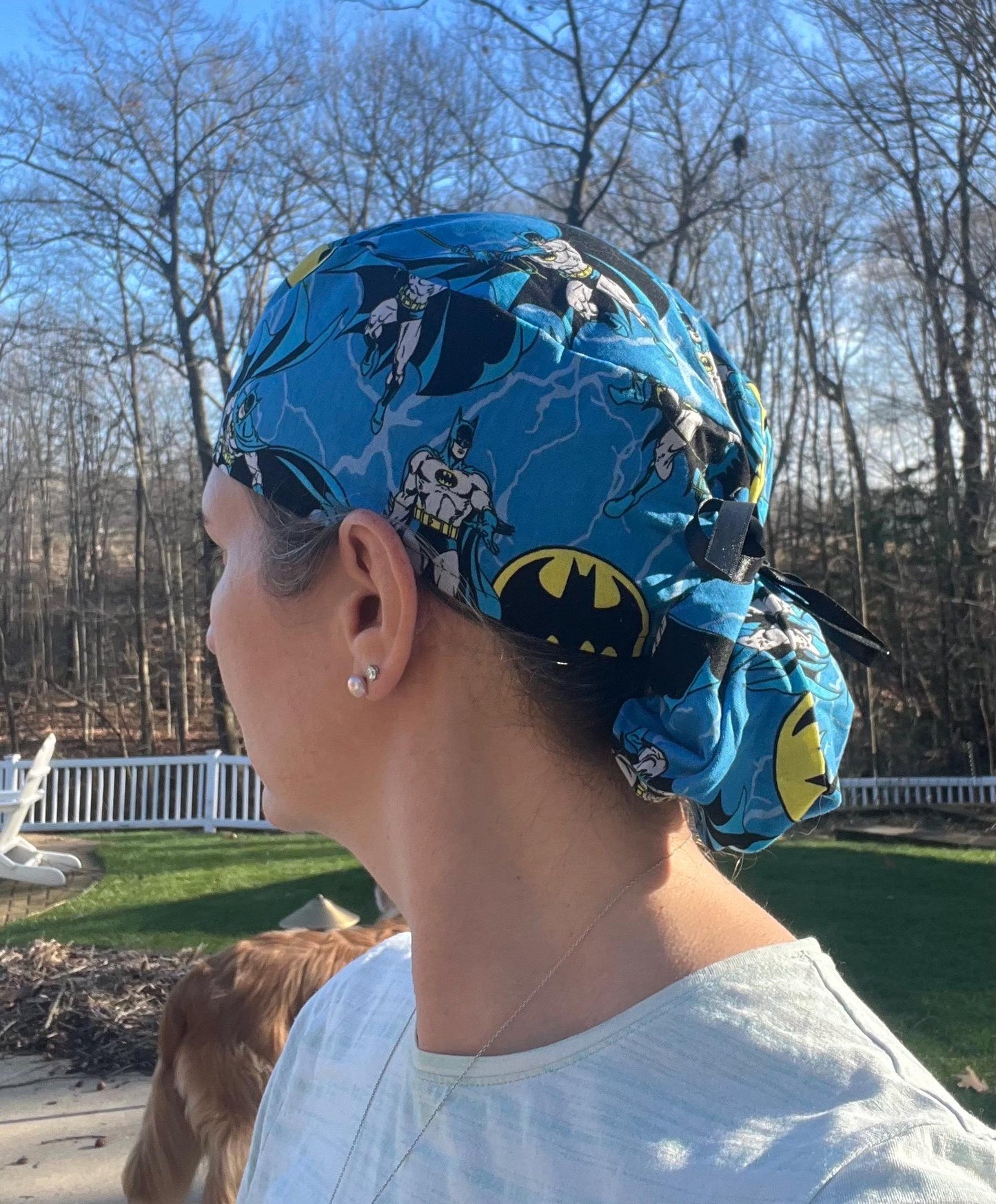 Bat man blue cartoon pony tail ponytail scrub surgical surgery hat OR cap womens