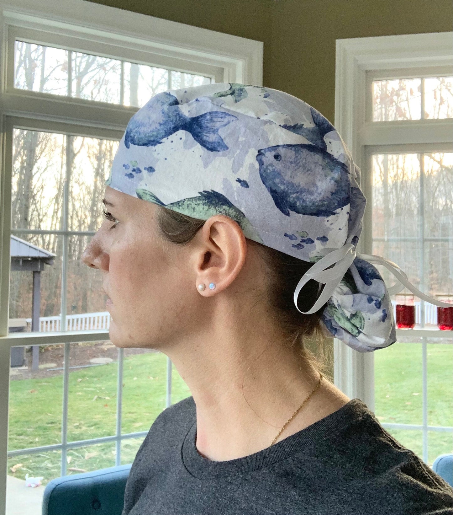 Blue white fish ponytail scrub cap womens