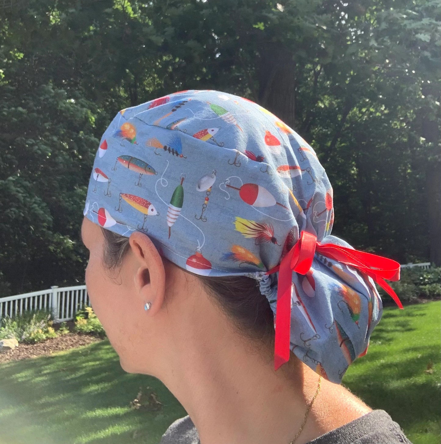 Fishing fish bobbers lures ponytail scrub cap womens