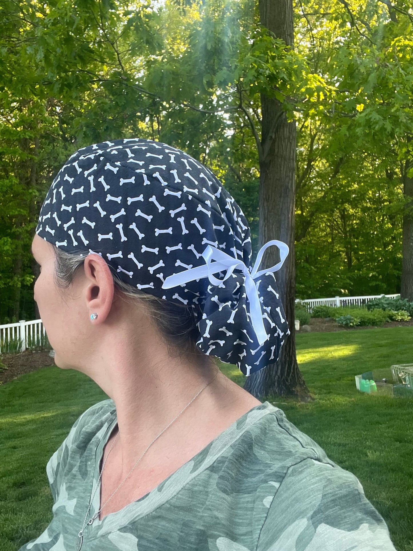 Bones black white ponytail scrub cap womens