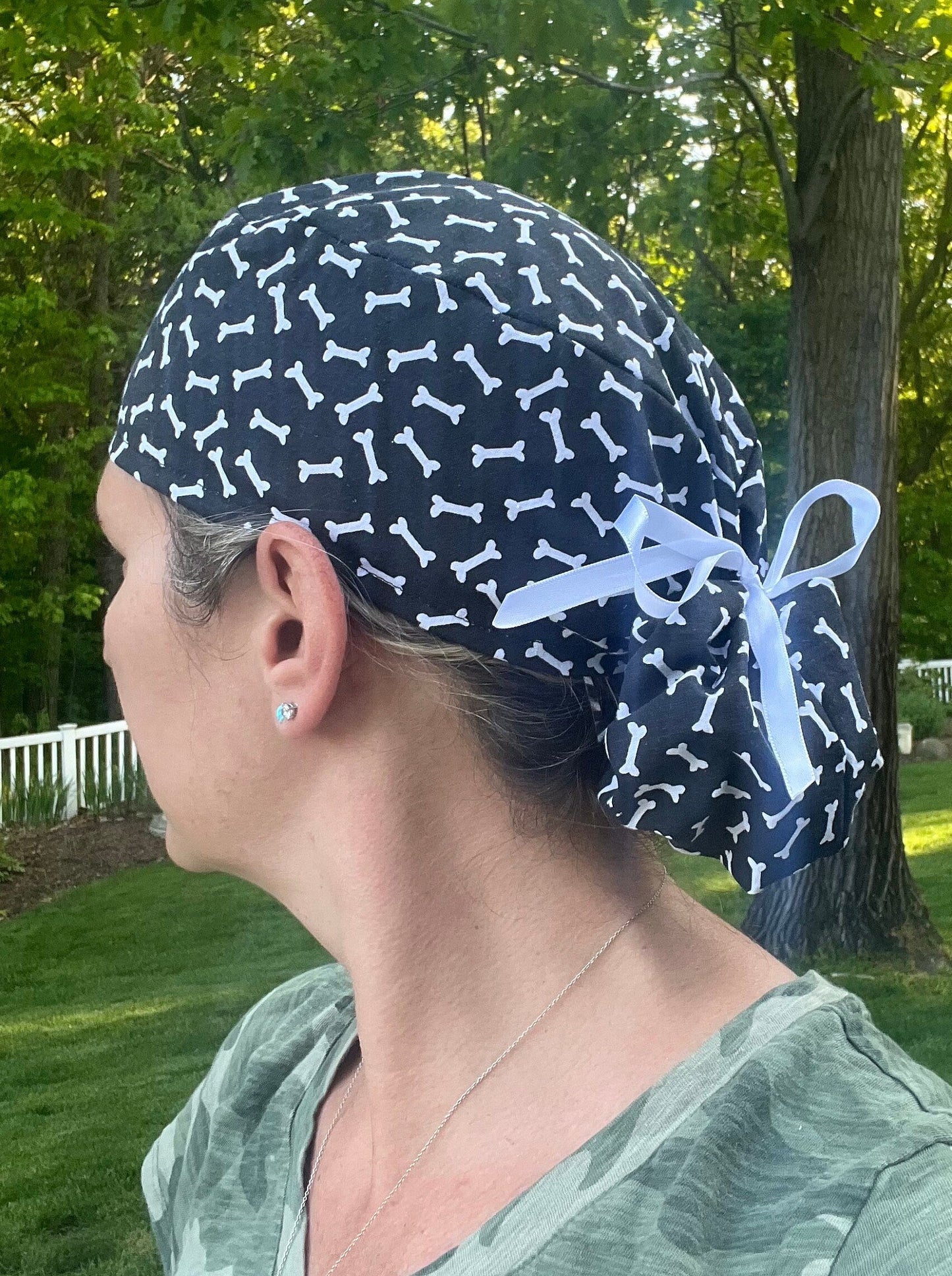 Bones black white ponytail scrub cap womens
