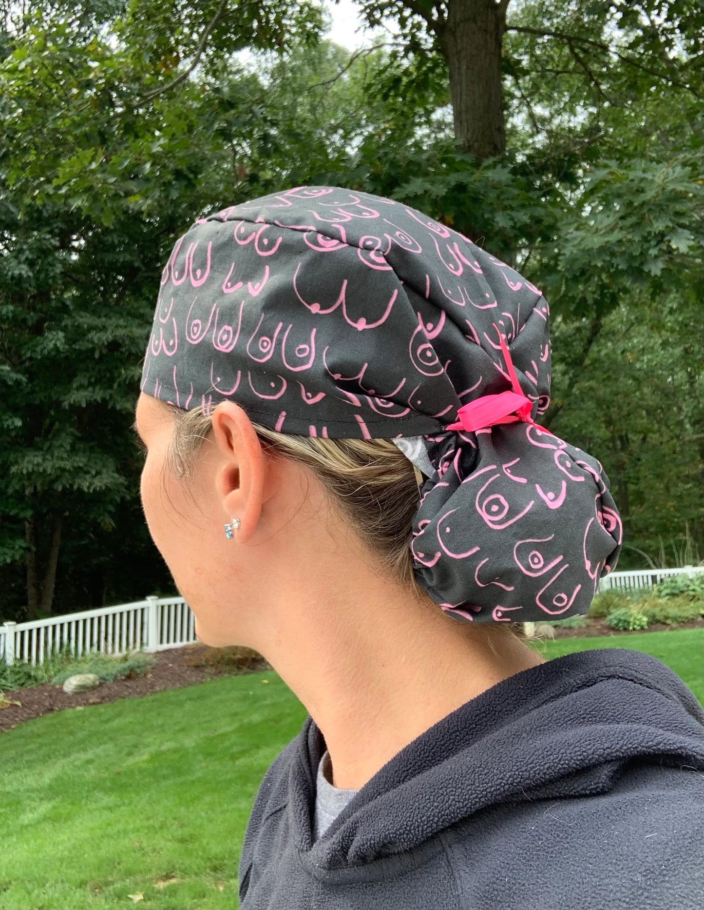 Breast surgeon black pink cancer ponytail scrub cap womens