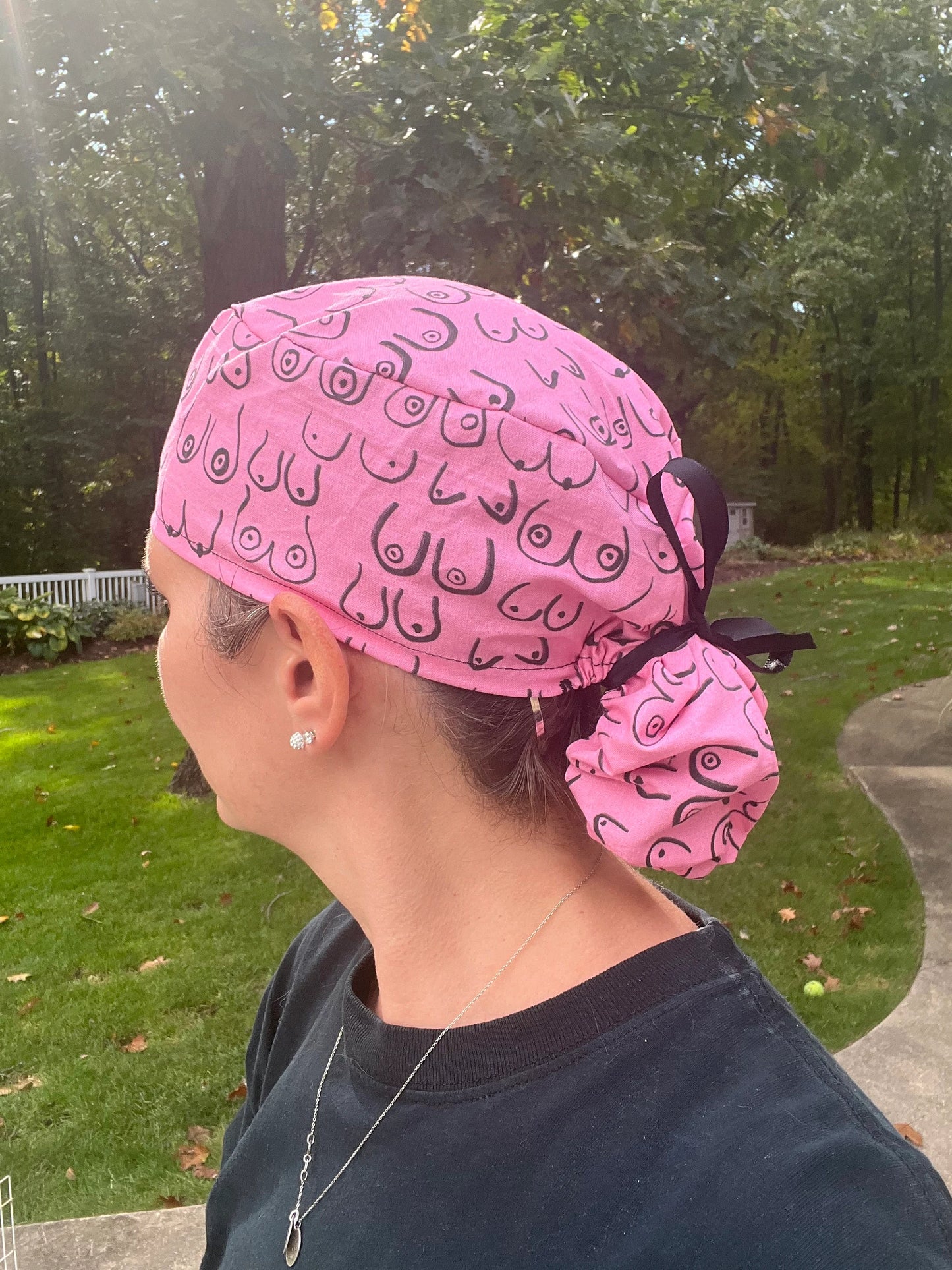 Breast surgeon black pink cancer pony tail ponytail scrub cap womens