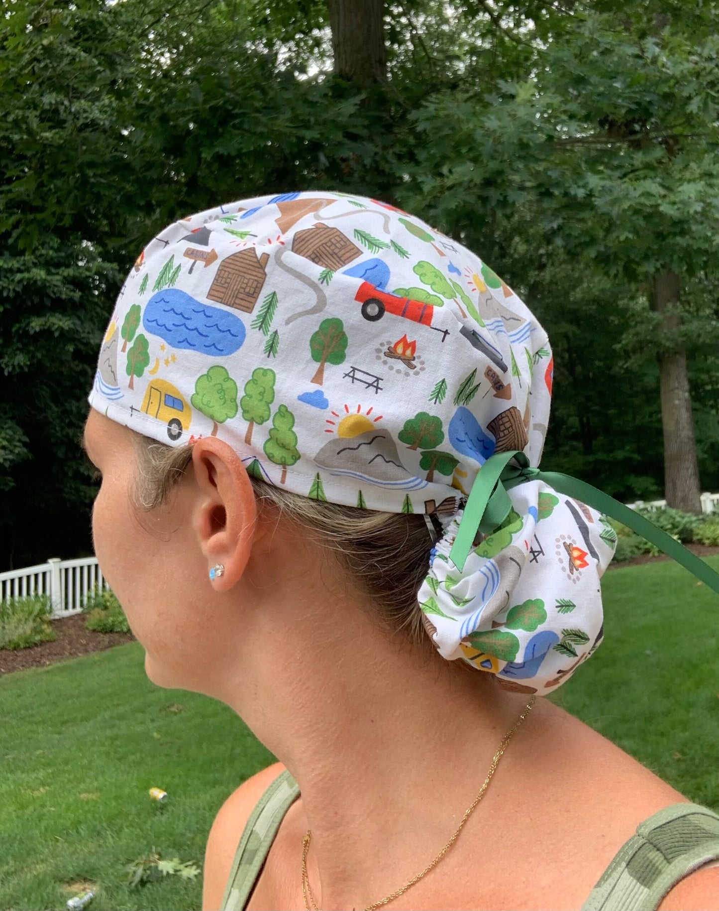 Happy camper RV ponytail scrub cap womens