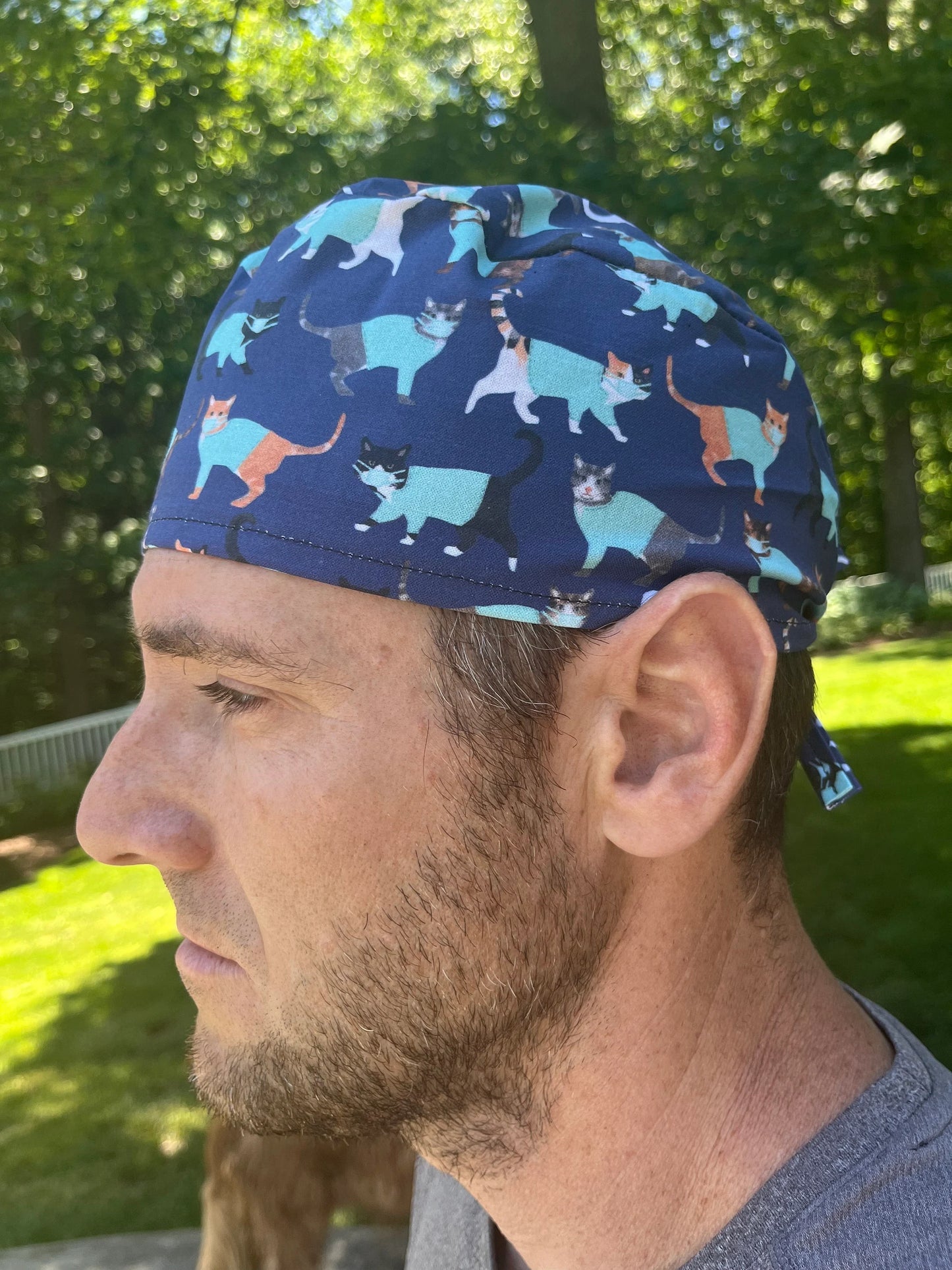 Cats in scrubs navy blue vet cat skull scrub surgical OR hat surgery cap mens
