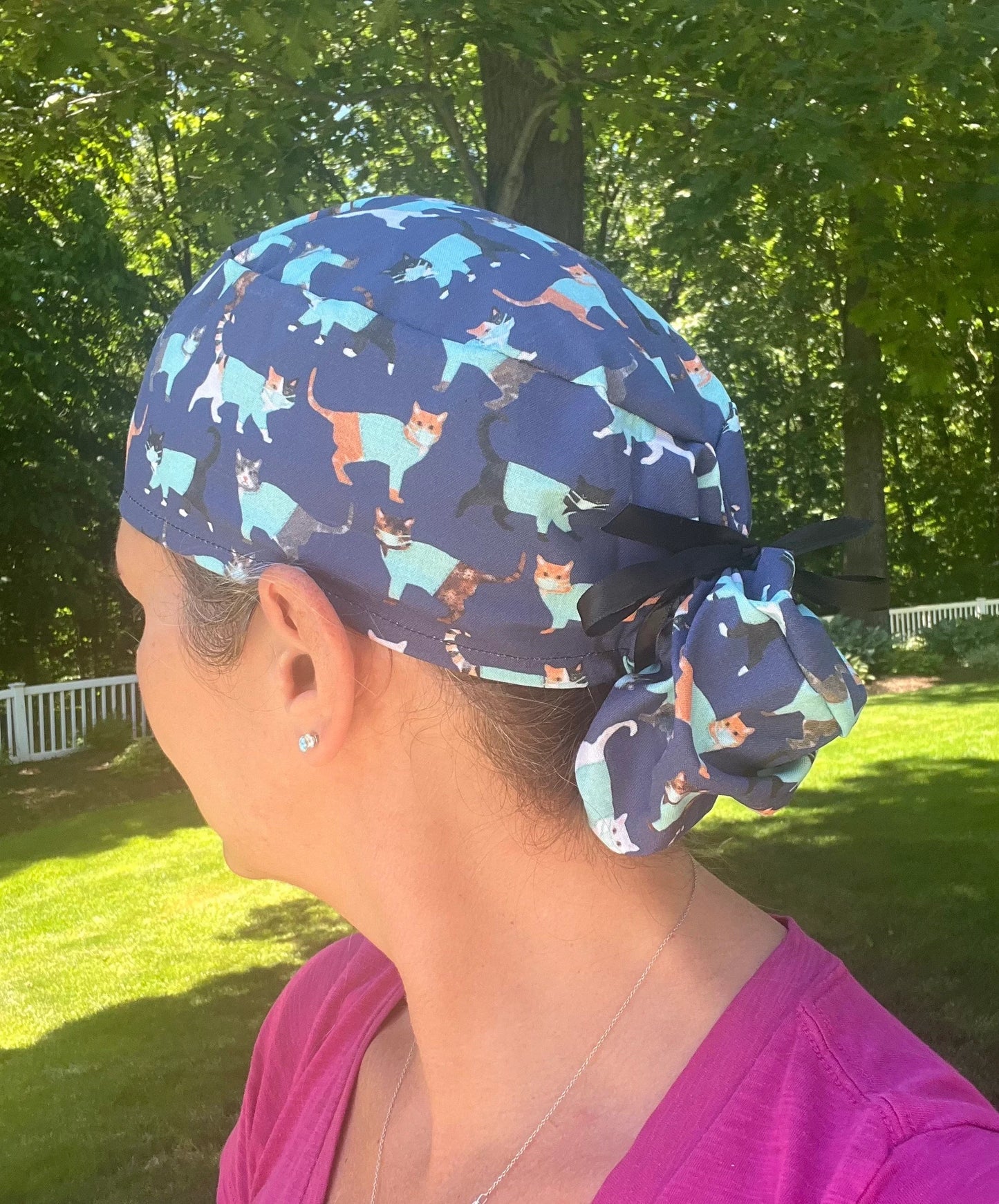 Cats in scrubs vet navy blue ponytail scrub cap womens