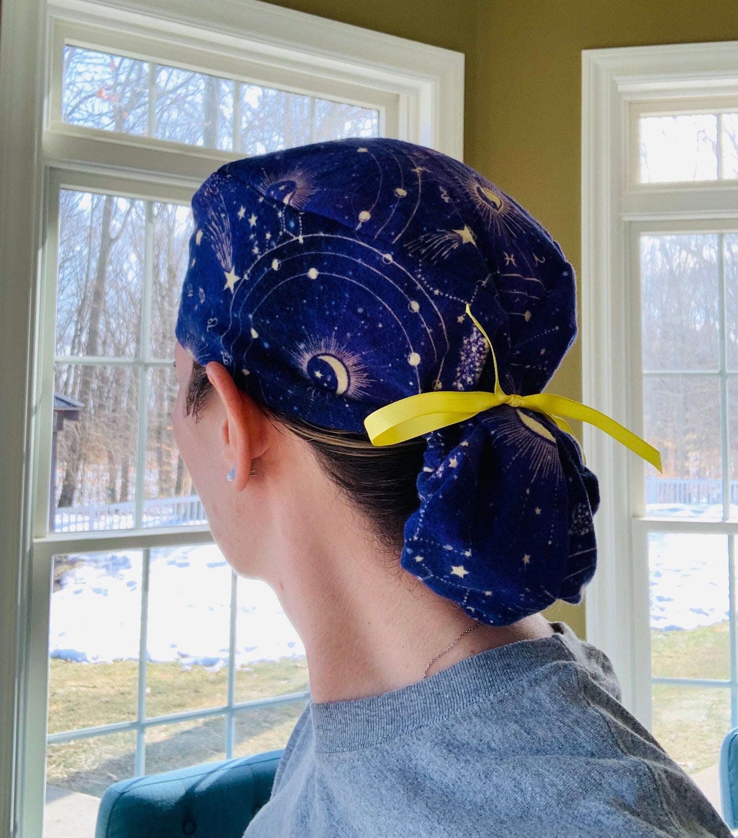 Celestial astrology constellations blue ponytail scrub cap womens