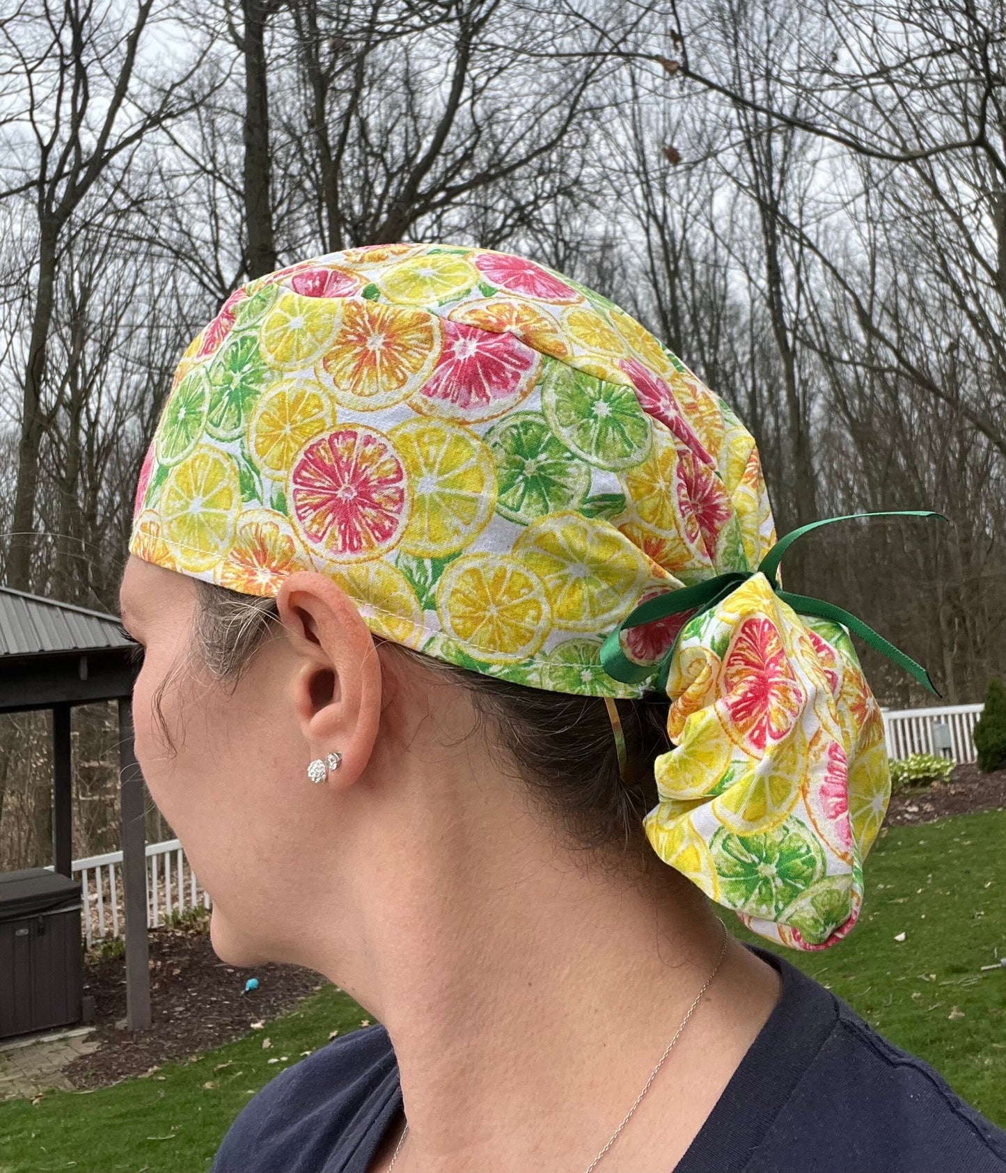 Citrus lemon lime ponytail scrub cap womens