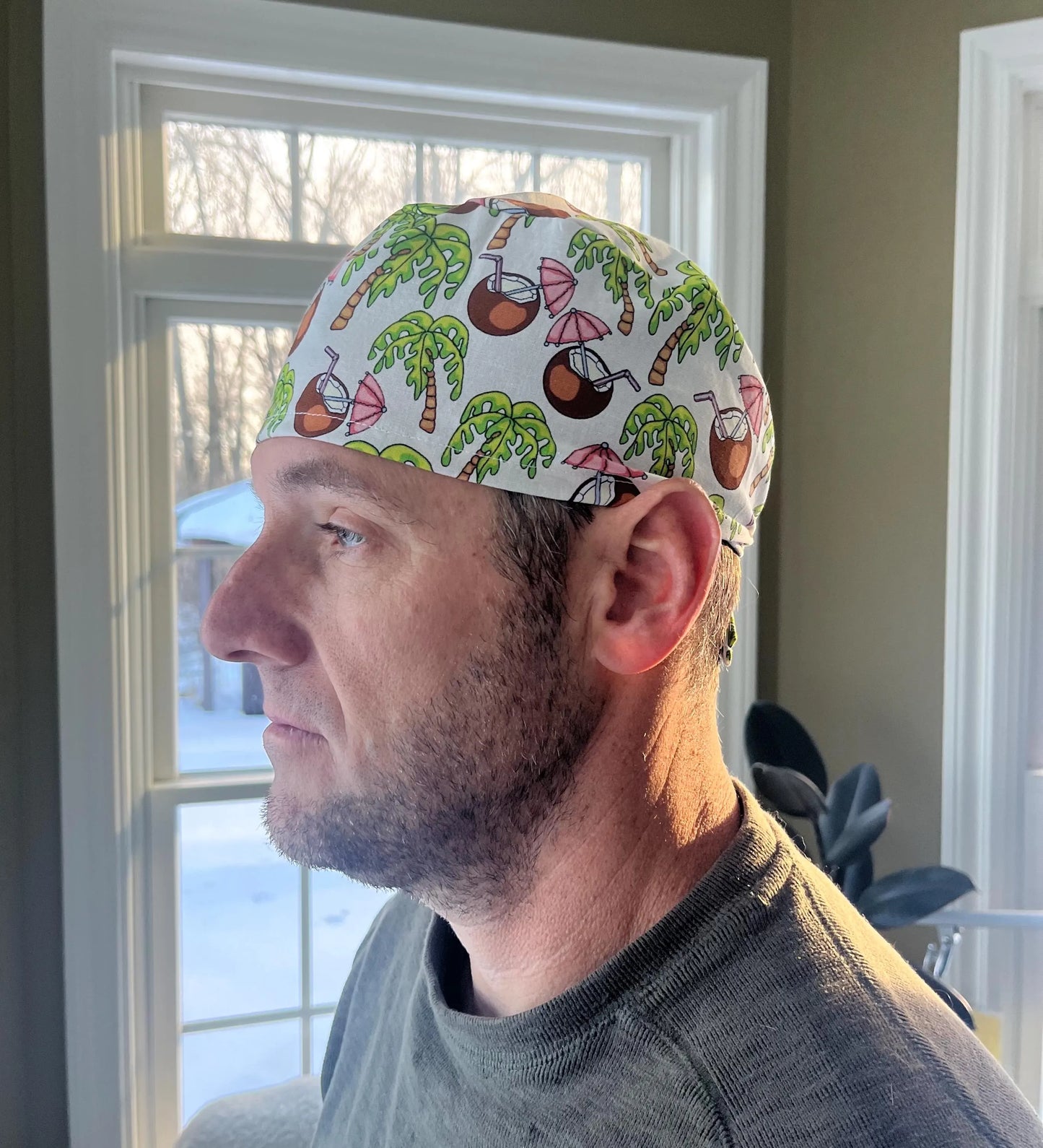Coconut tropical palm tree skull scrub cap mens