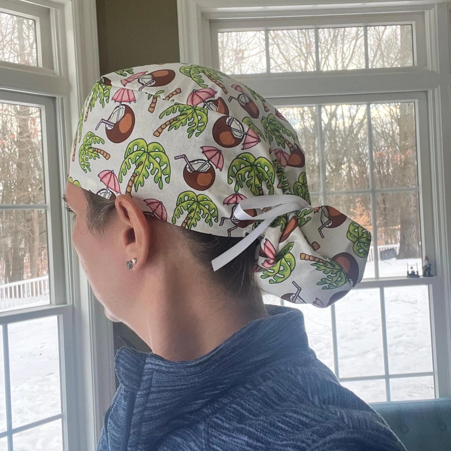 Coconut tropical palm tree ponytail scrub cap womens