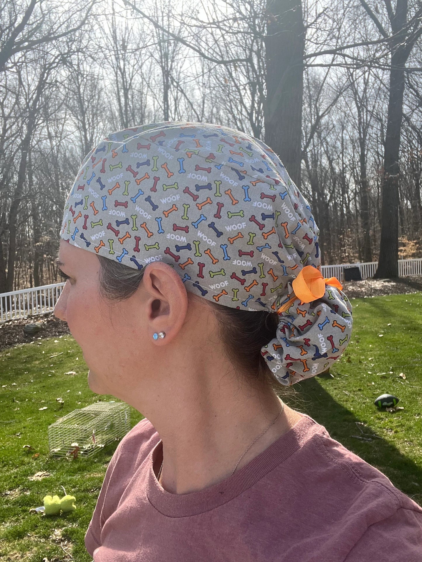 Woof dog bones ponytail scrub cap womens
