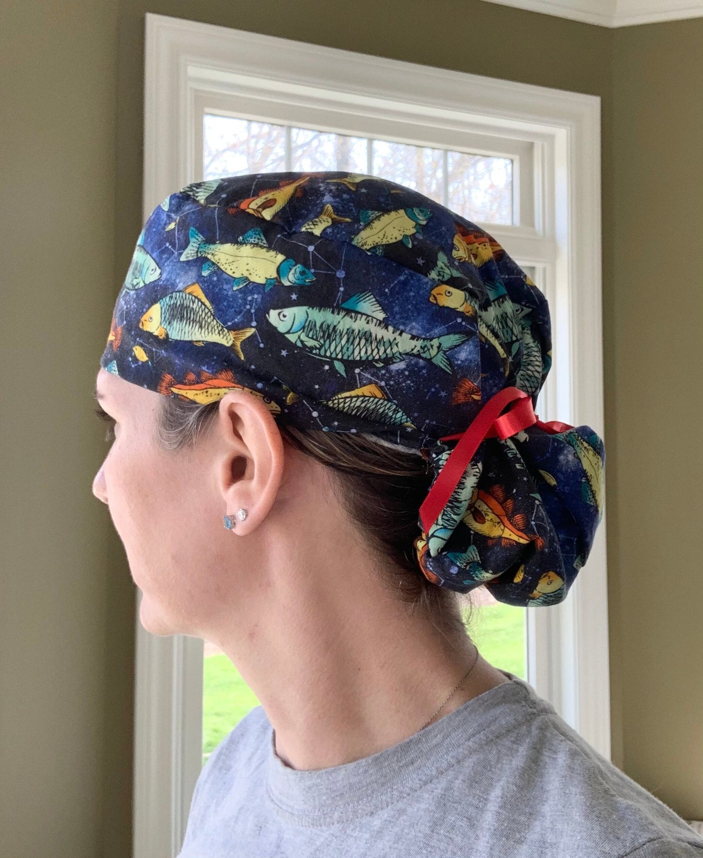 Blue fish constellations ponytail scrub cap womens