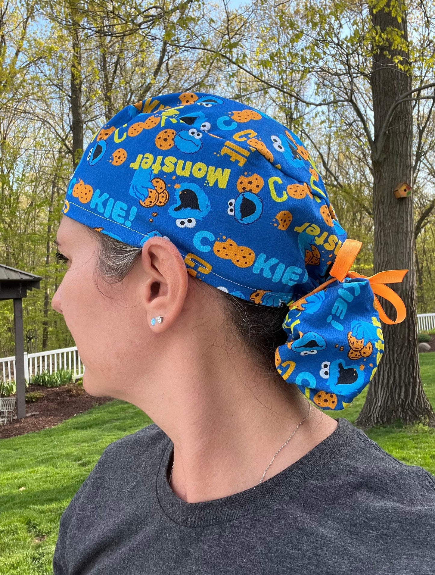 Cookie Monster blue cartoon ponytail scrub cap womens