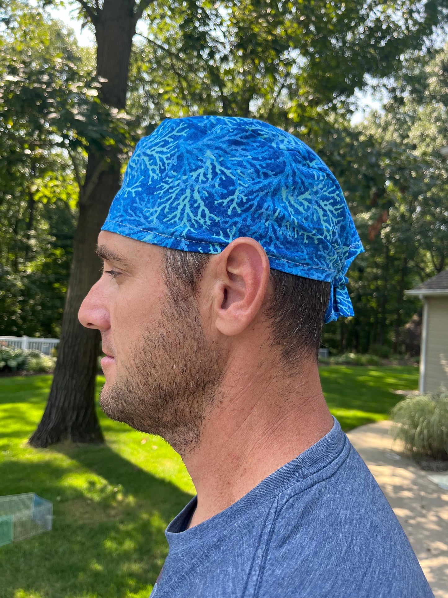 Coral blue skull scrub cap mens