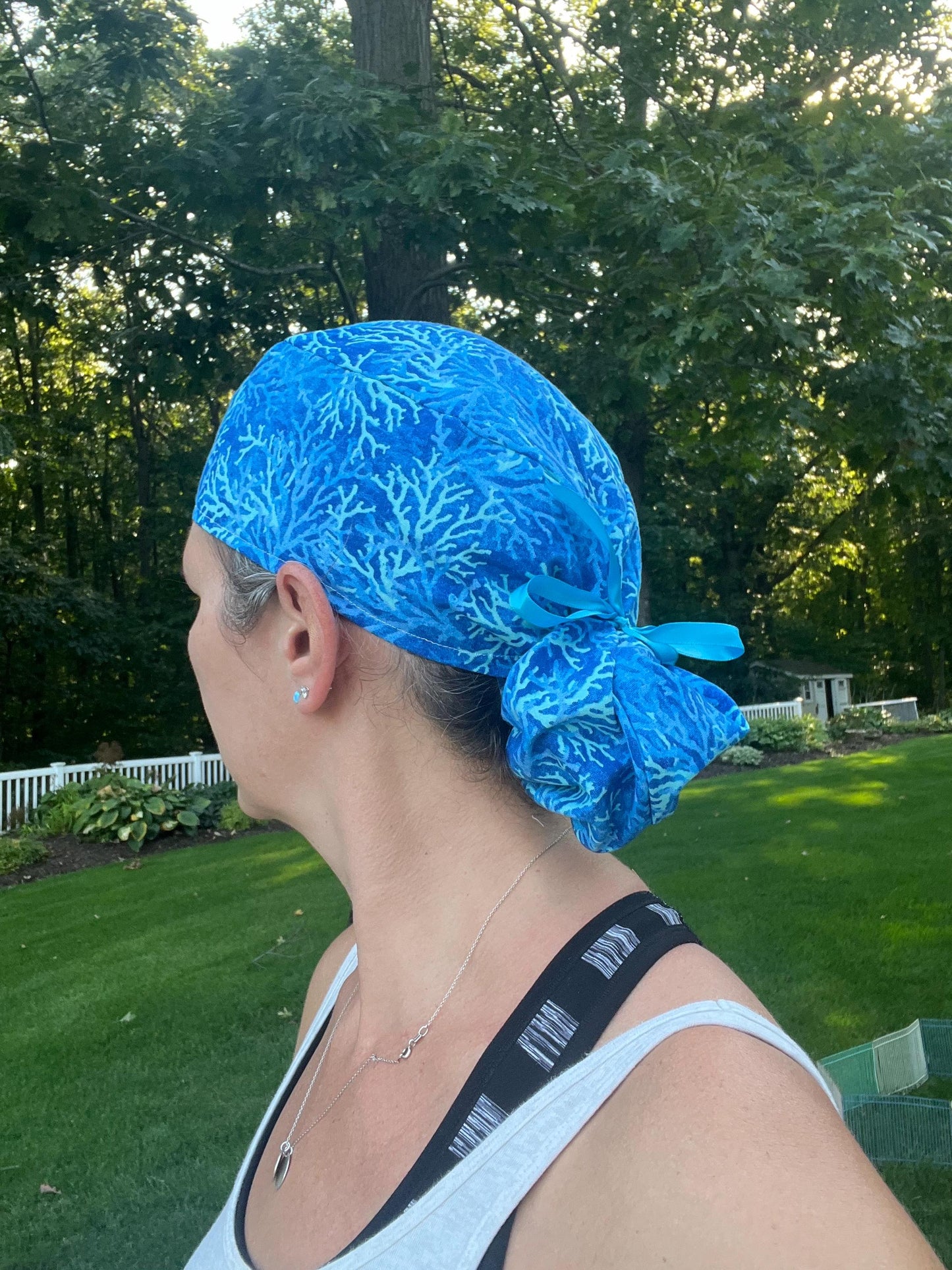 Coral blue ponytail scrub cap womens