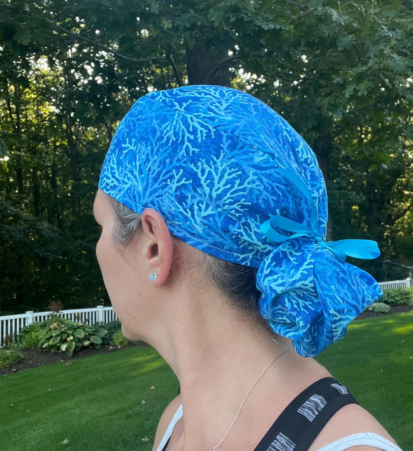Coral blue ponytail scrub cap womens