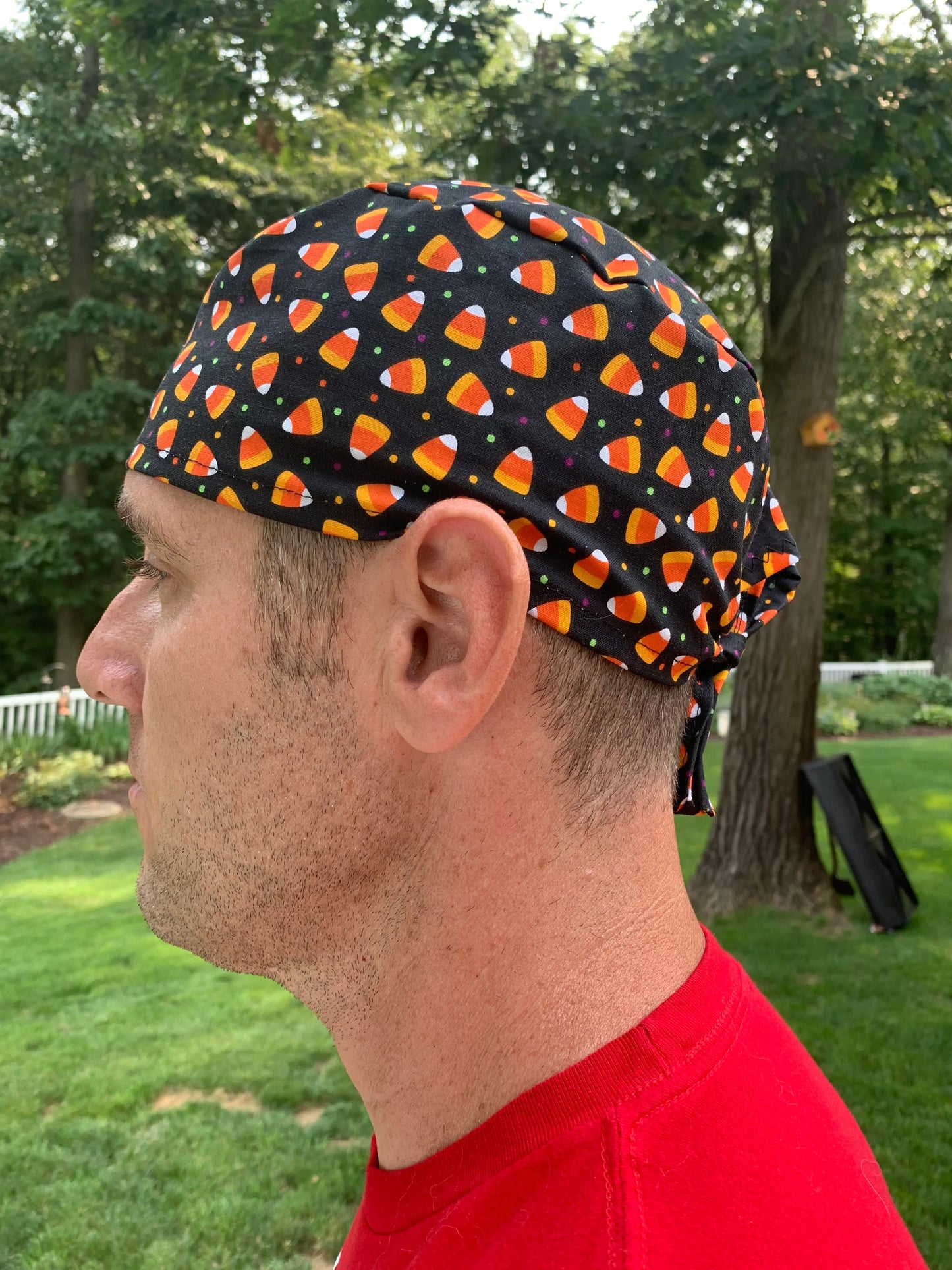 Candy corn halloween skull scrub cap mens