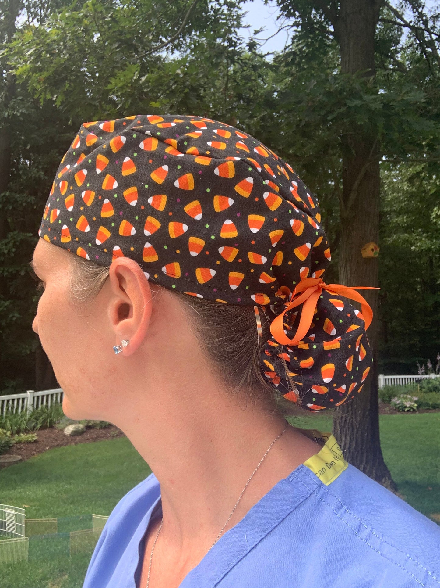 Candy corn halloween ponytail scrub cap womens