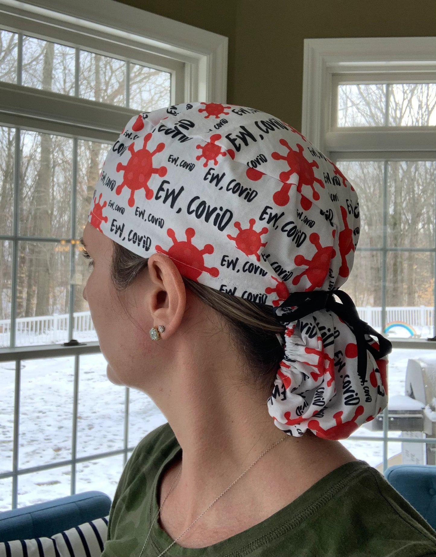 Ew covid virus ponytail scrub cap womens