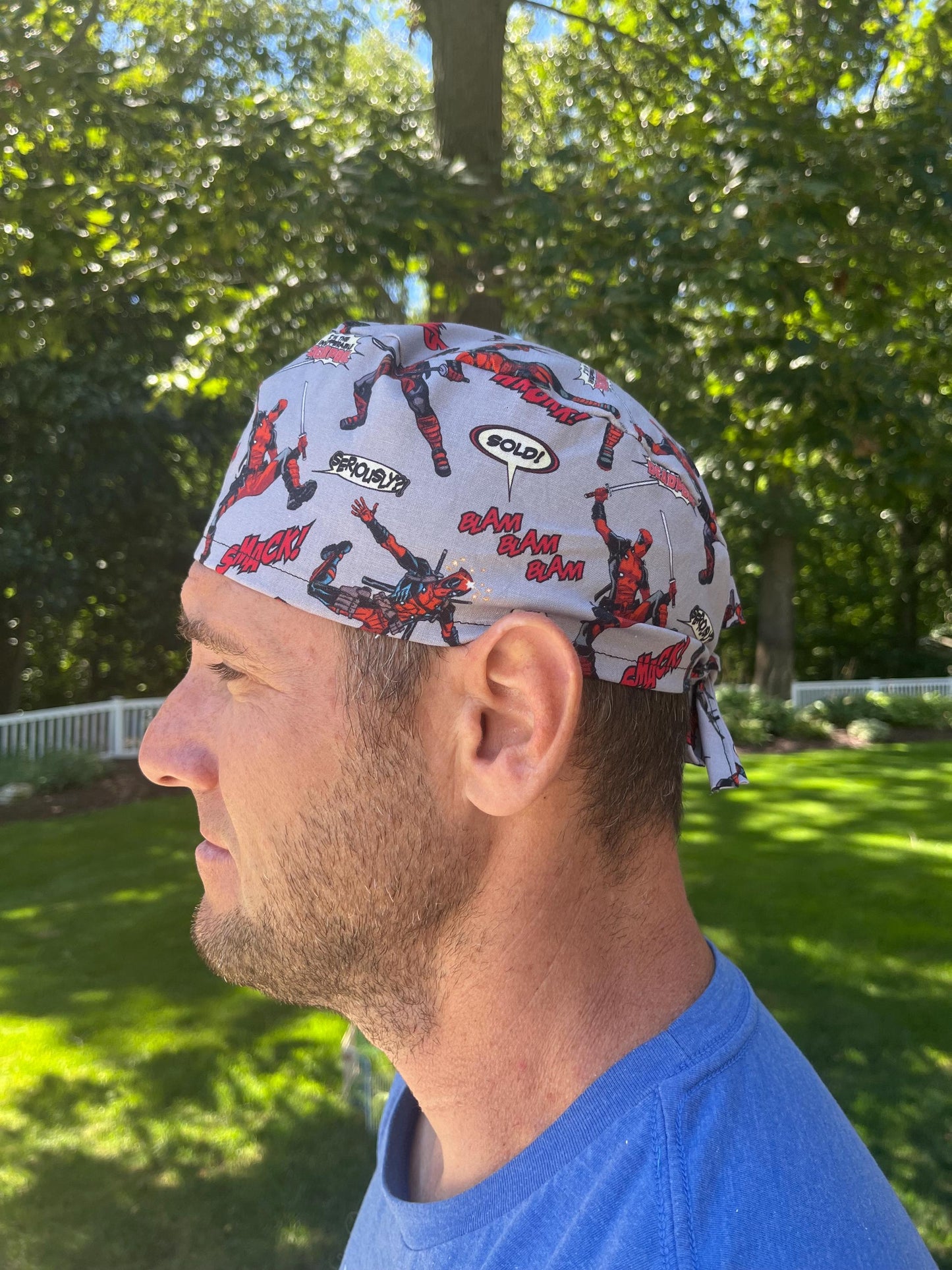 Deadpool grey red skull scrub cap mens