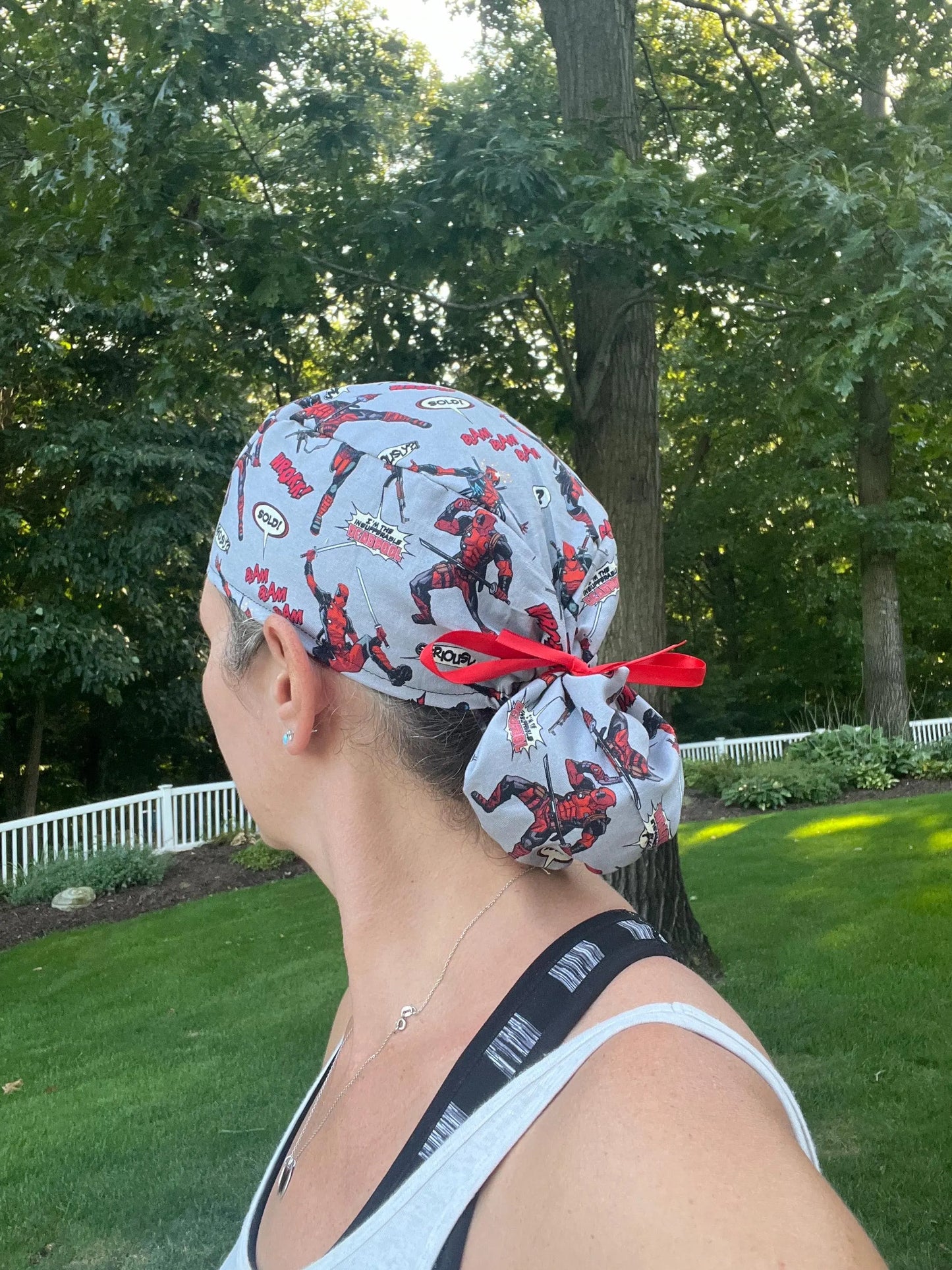 Deadpool grey red cartoon ponytail scrub cap womens
