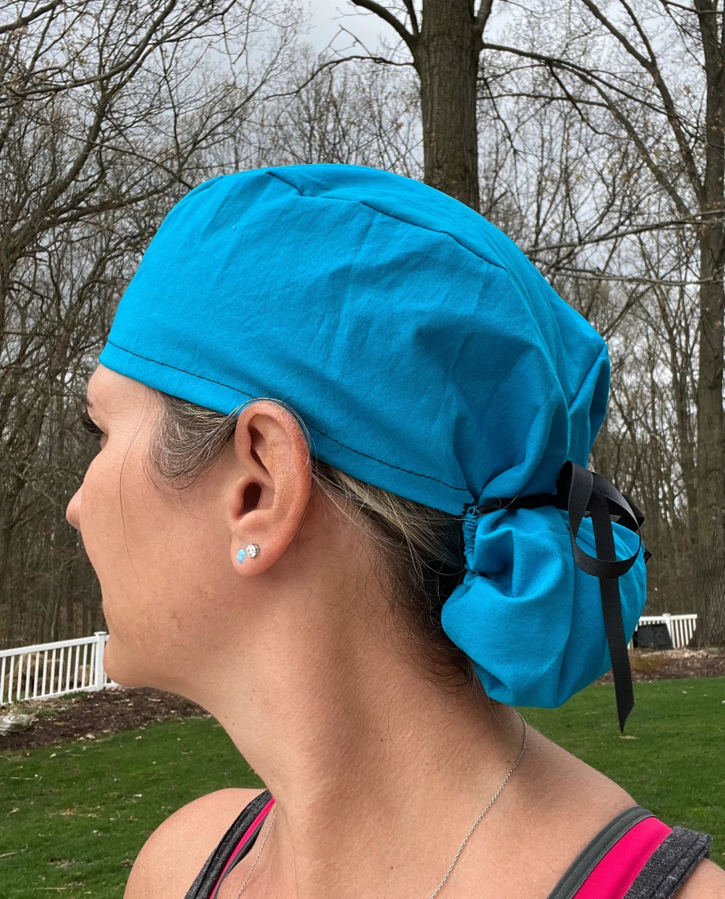 Teal blue solid plain ponytail scrub cap womens