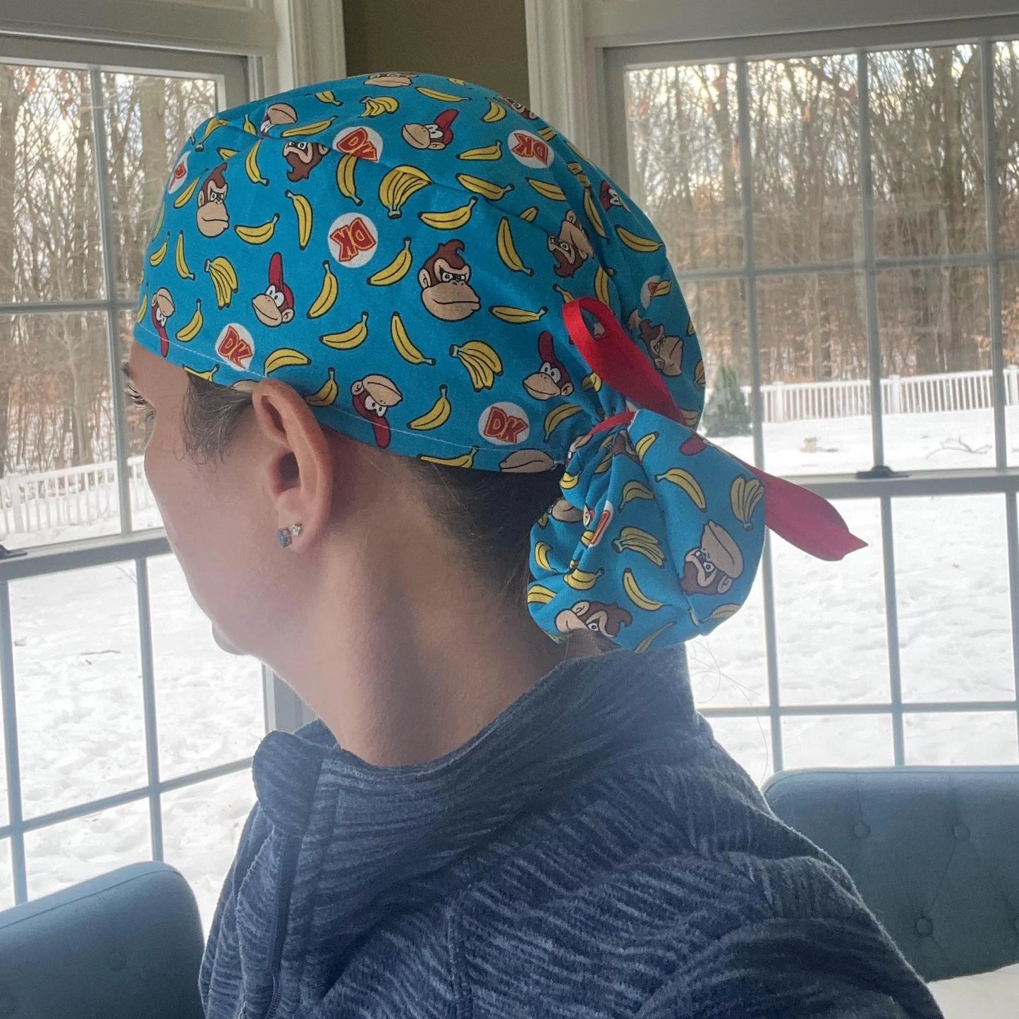 Donkey Kong banana blue ponytail scrub cap womens