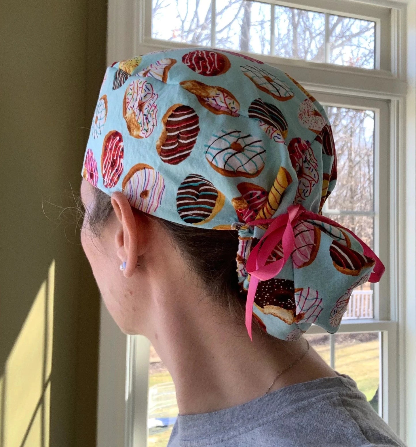 Donuts treat ponytail scrub cap womens