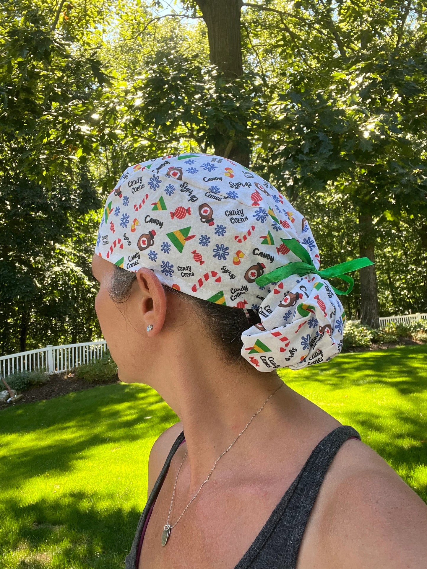 Buddy elf Christmas candy corns syrup ponytail scrub cap womens