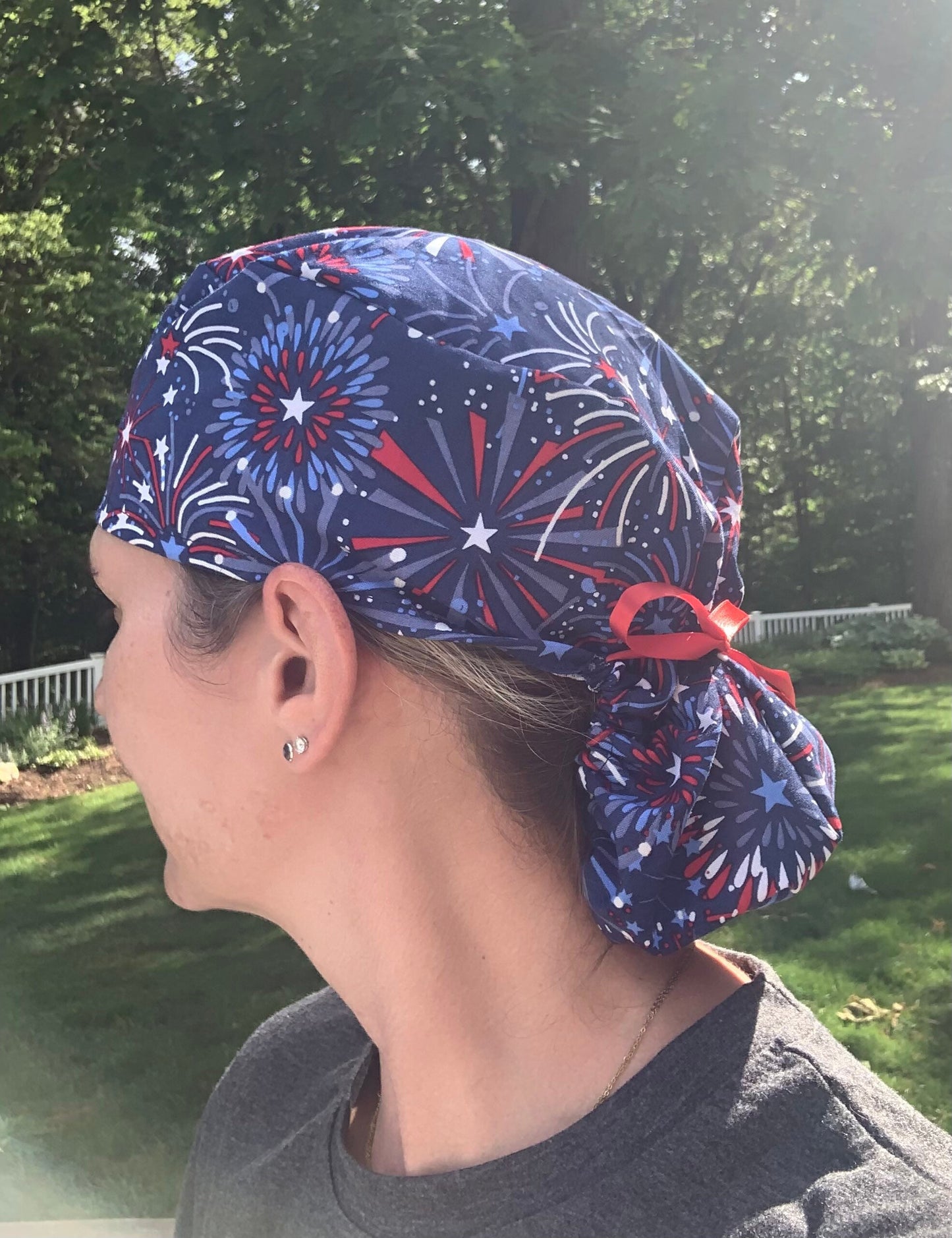 Fireworks 4th of july ponytail scrub cap womens