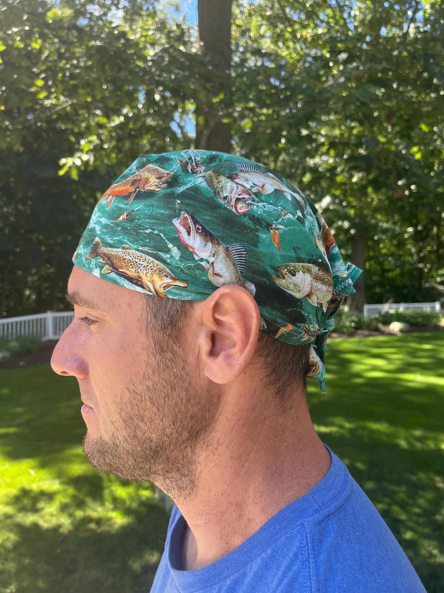 Fishing fish trout salmon skull scrub surgical cap mens