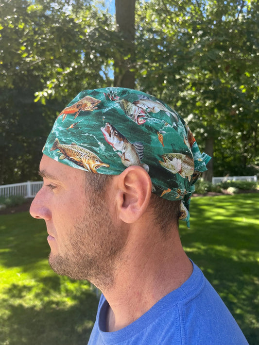 Fishing fish trout salmon skull scrub surgical cap mens