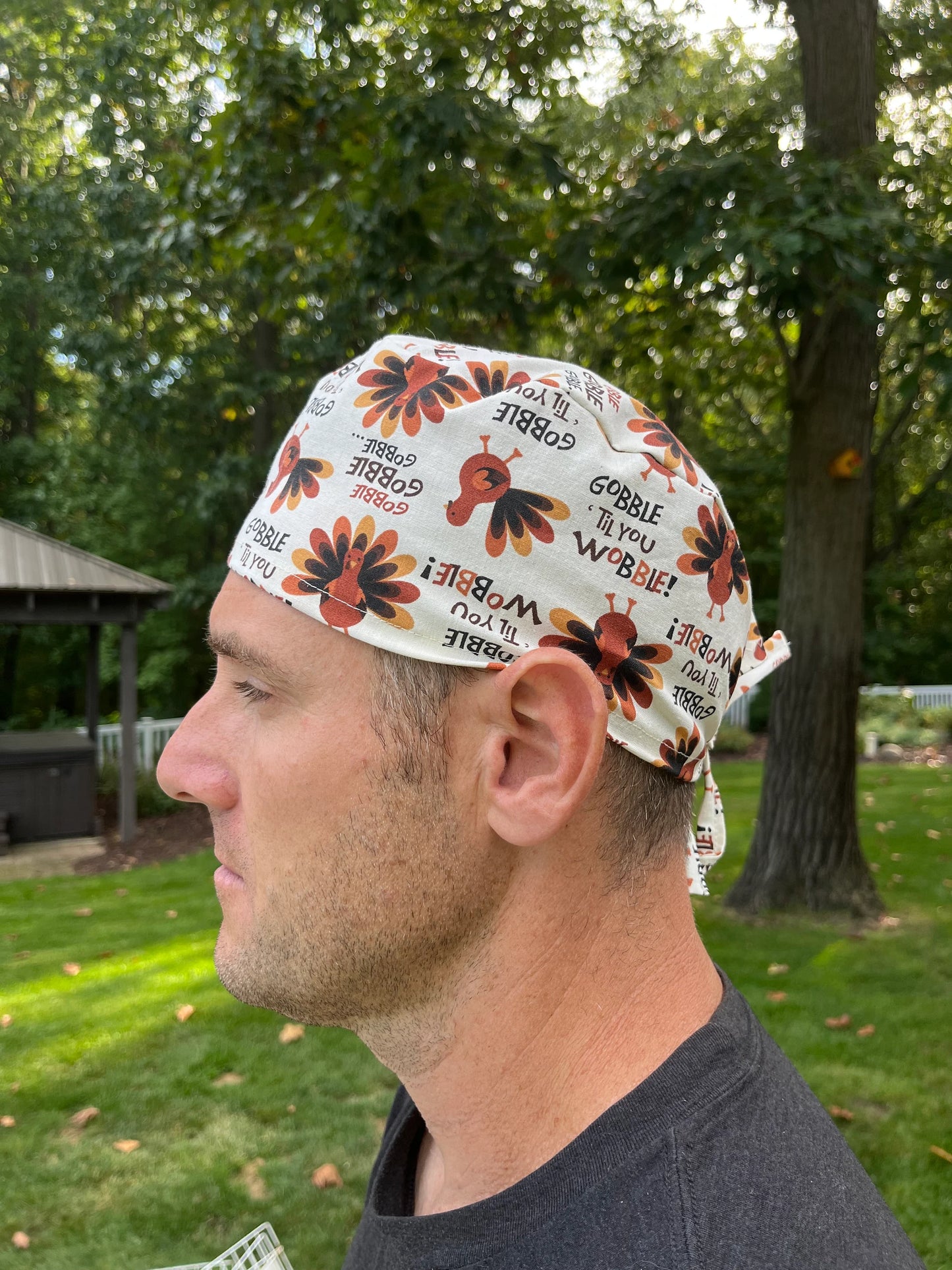 Gobble til you wobble thanksgiving skull scrub cap mens