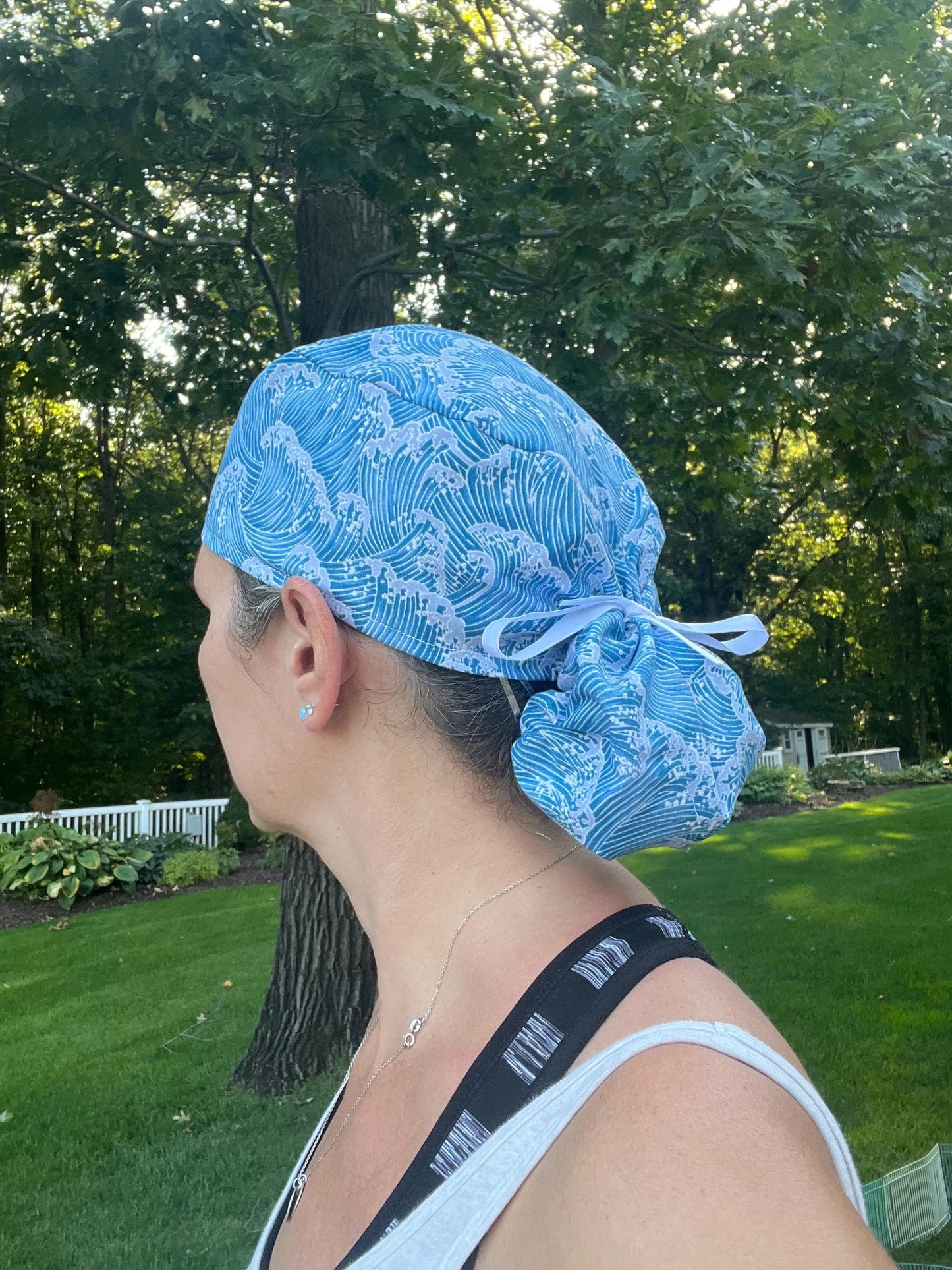 Hokusai blue japanese waves ponytail scrub cap womens